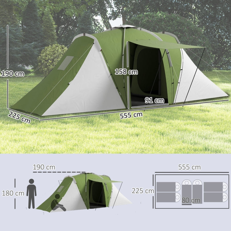 Large Camping Tent Tunnel, 2 Bedroom Living Area 2000mm Waterproof 4-6 Man, Green