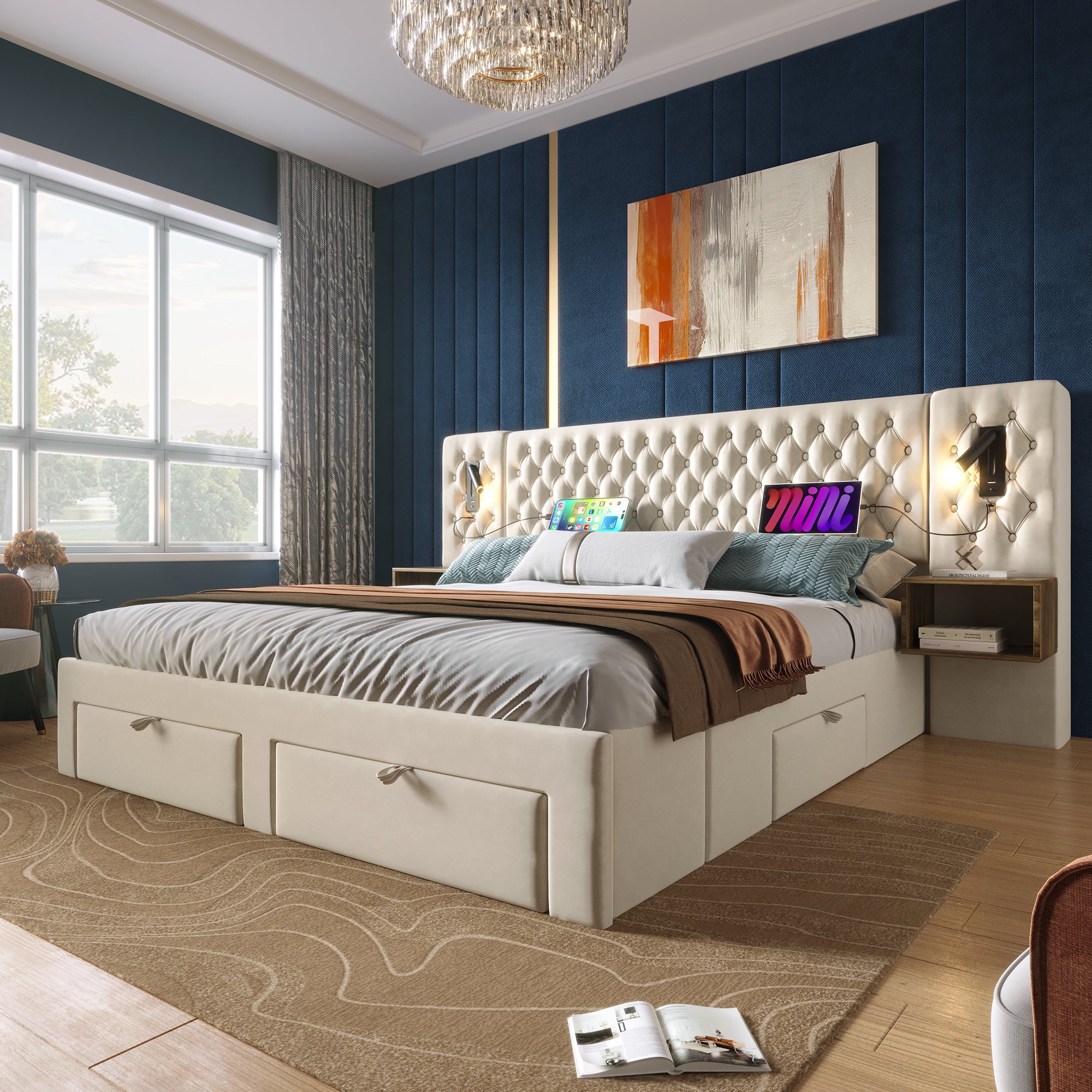 Bedroom Set, Upholstered Double Bed 180x200cm with 2 Nightstands, 4 Drawers, Headboard Reading Light, USB Charging, Beige Velvet