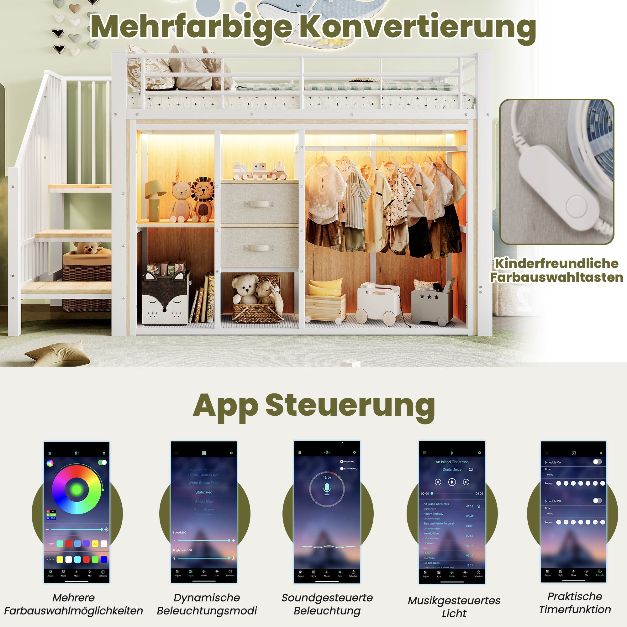 Mid-Height Bed 90x200cm 2 Drawers Open Wardrobe LED Storage - White