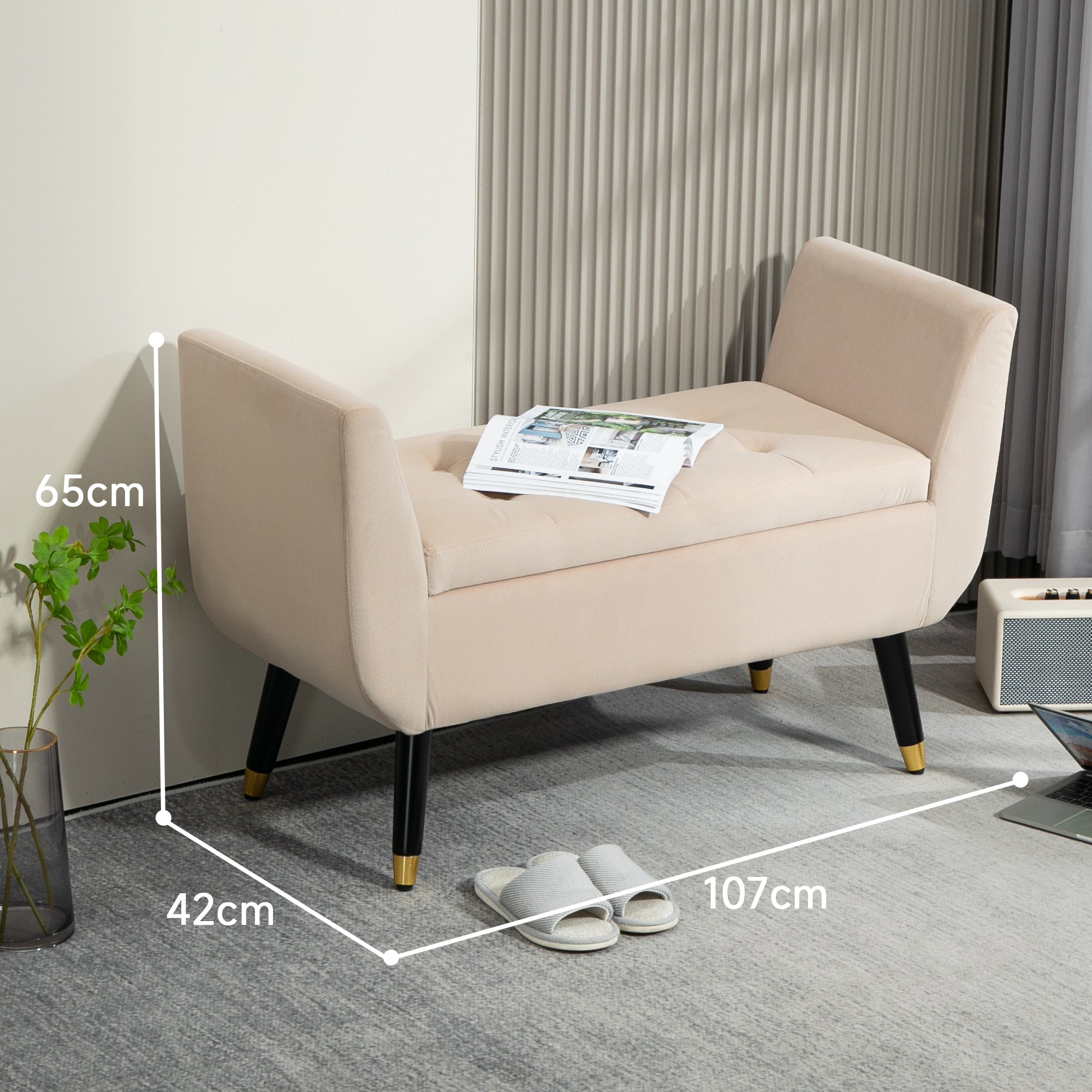 Luxury Upholstered Bench with Storage Armrests Chest Beige