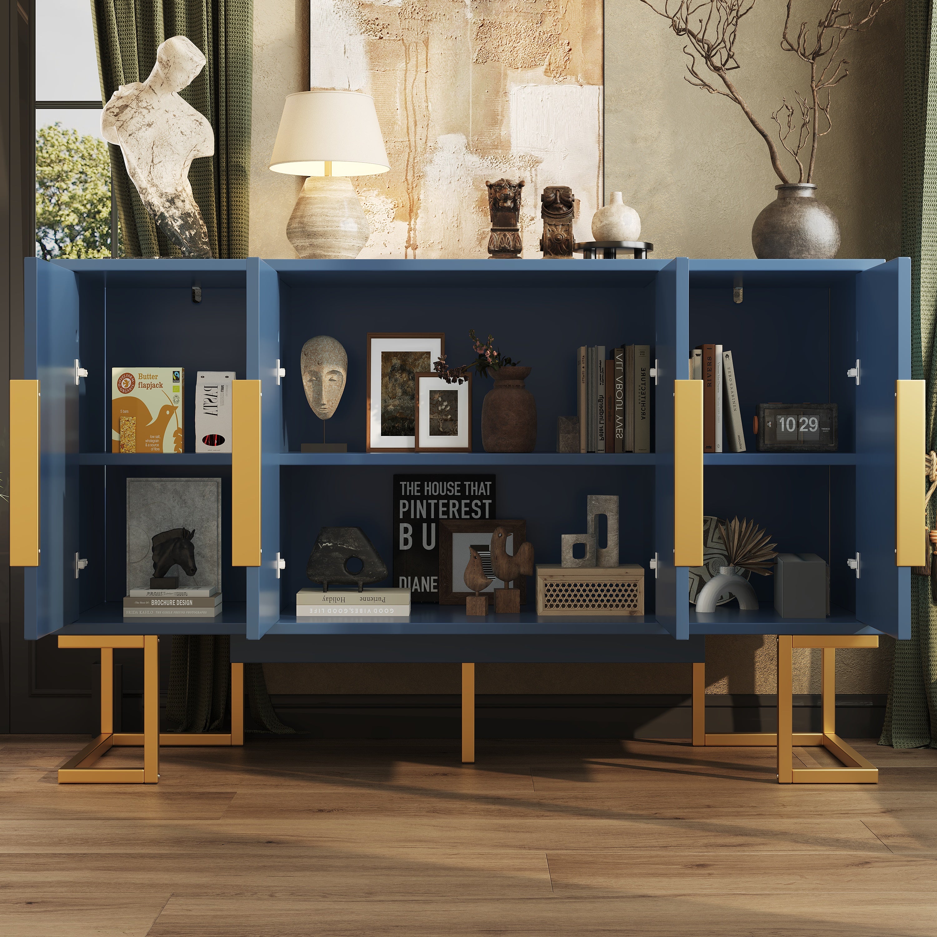 Modern Side Cabinet 140x80cm 4 Doors Adjustable Shelves - Blue/Black