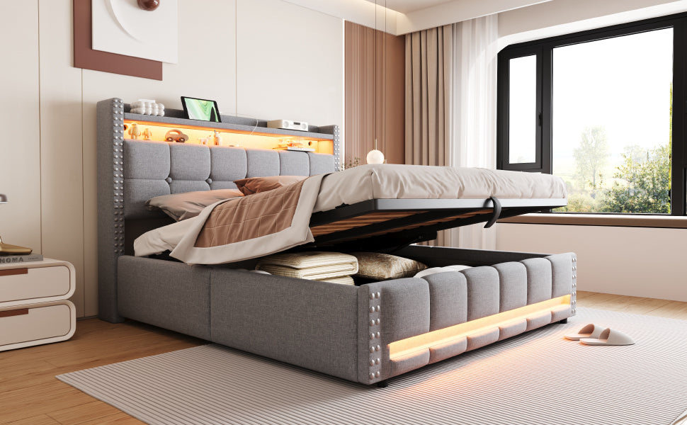 Upholstered Bed 160x200cm LED USB Hydraulic Storage Light Grey Linen Fabric