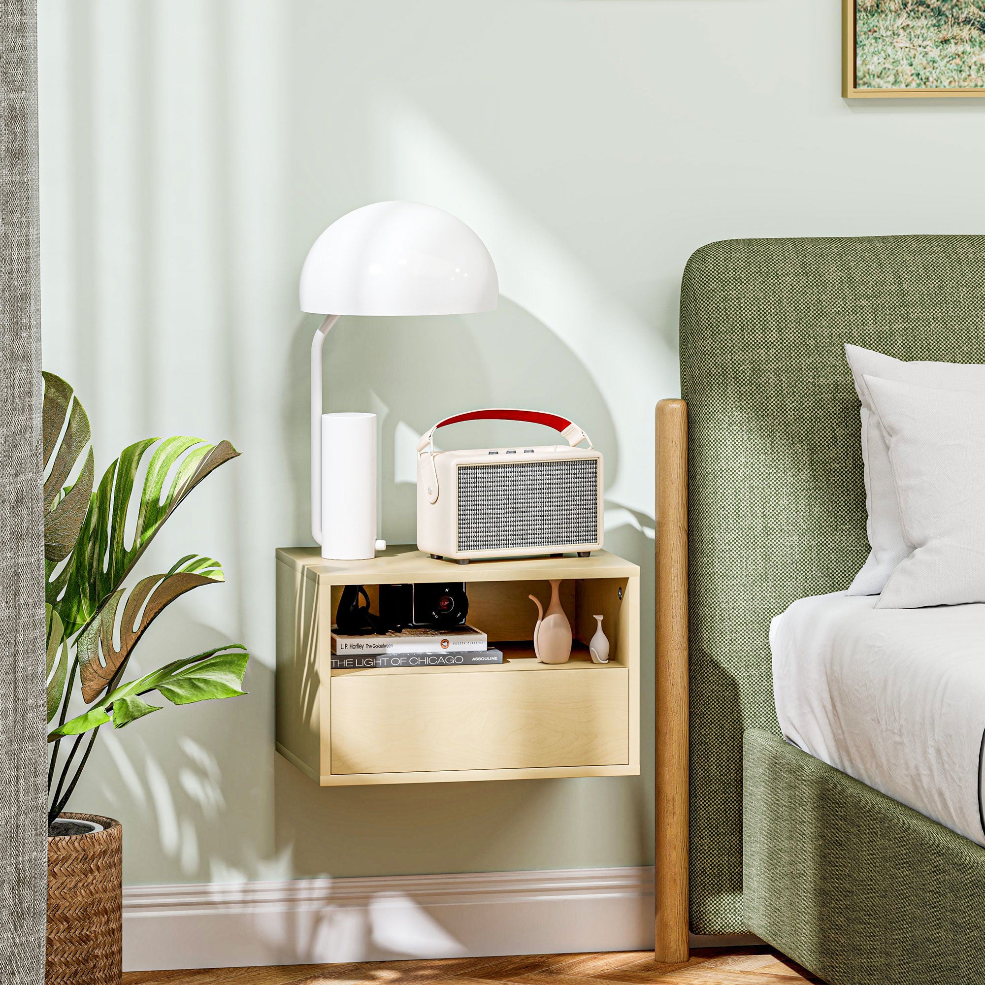 Hanging Bedside Tables, Floating Nightstand with Drawer, Natural Wood