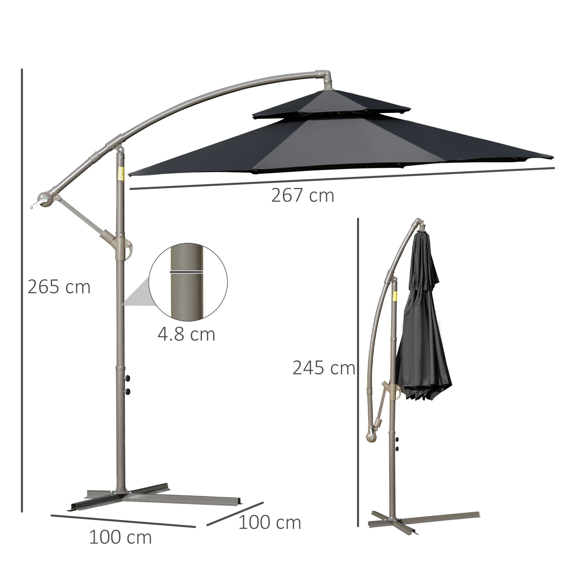 2.7m Banana Parasol Cantilever Umbrella, Double Tier Canopy, Crank Handle, Black
