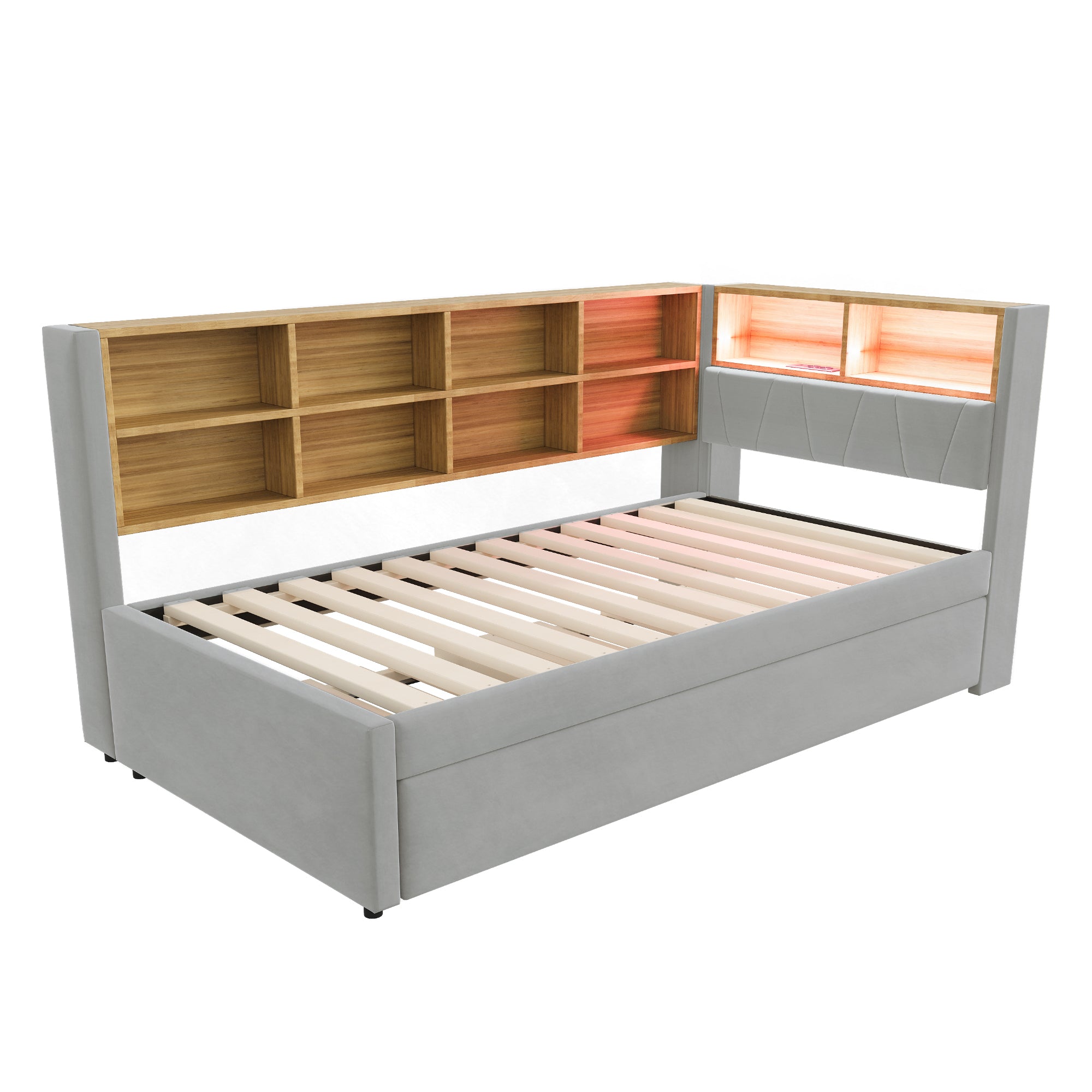 Sofa Bed 90*200, Pull-Out 90*190 with LED Lights, Sockets & Storage, Flannel Light Gray