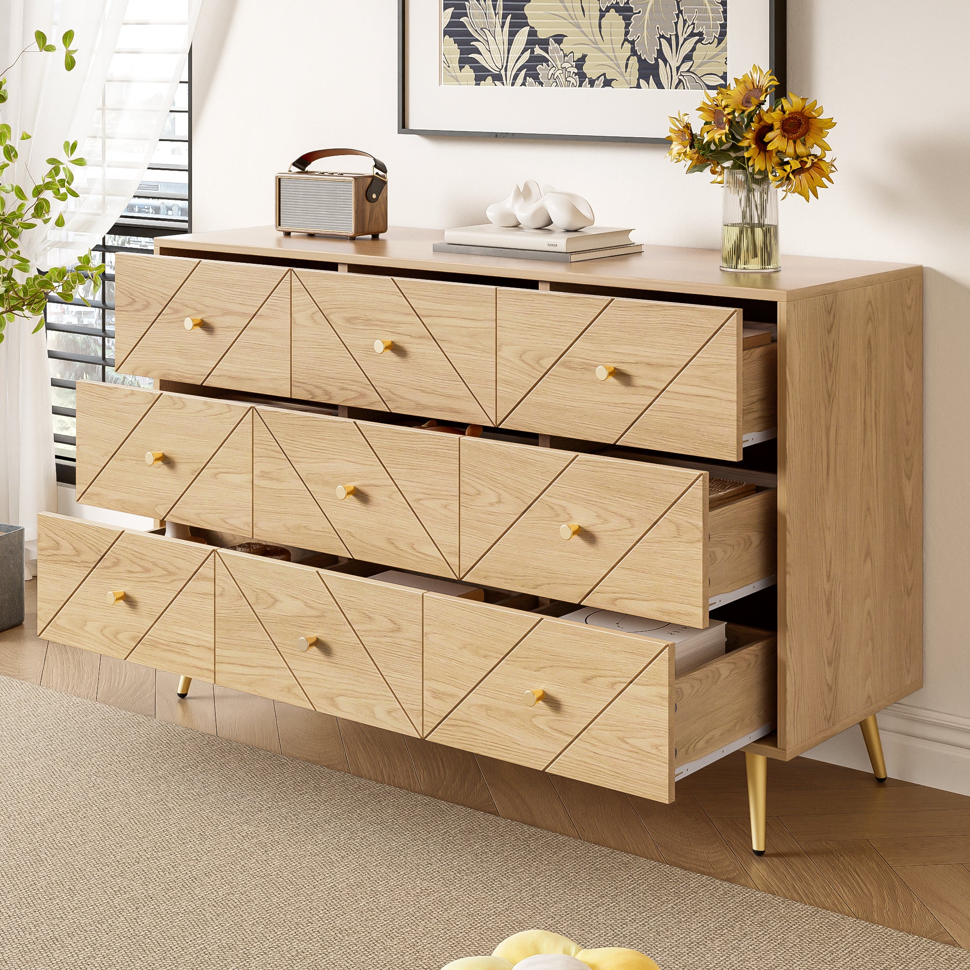 Modern 9-Drawer Chest, Iron Legs Geometric Pattern, PB Construction