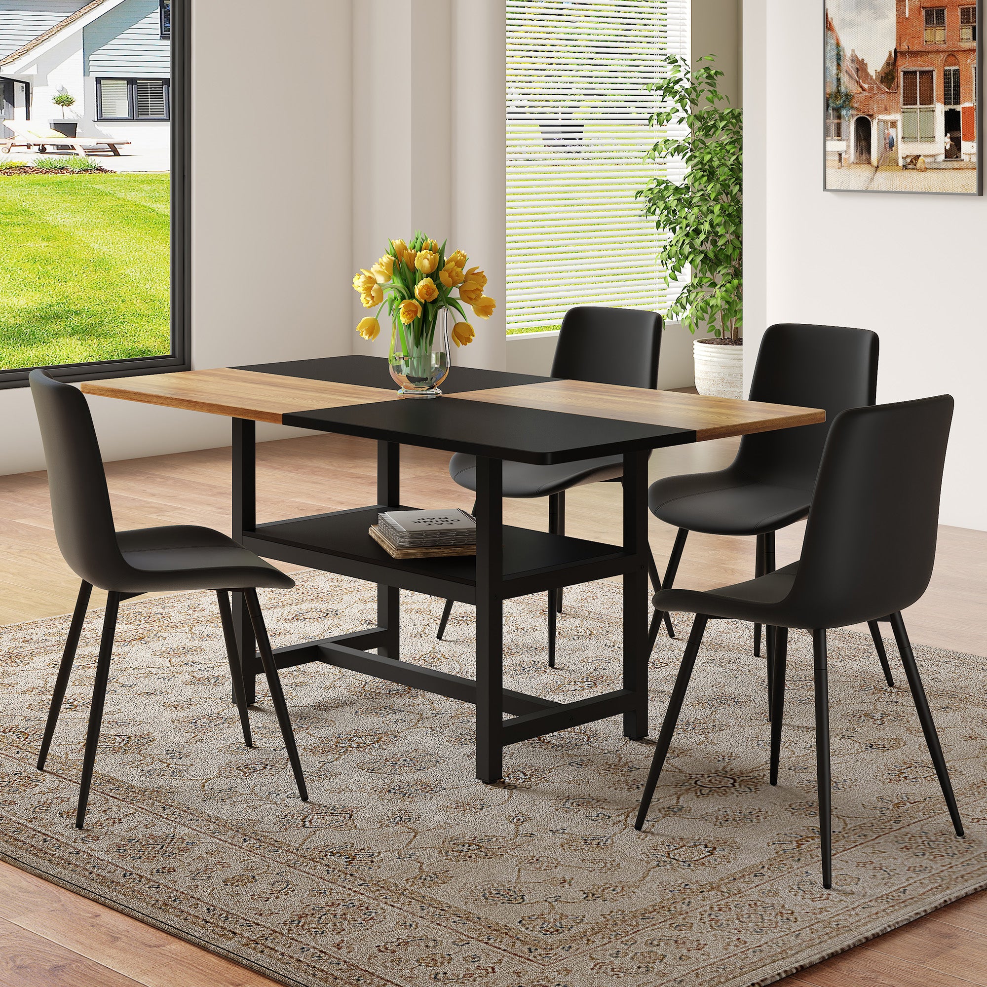 160 cm Dining Table Set with Storage Compartment and 4 Widened Seat Chairs, Black PU