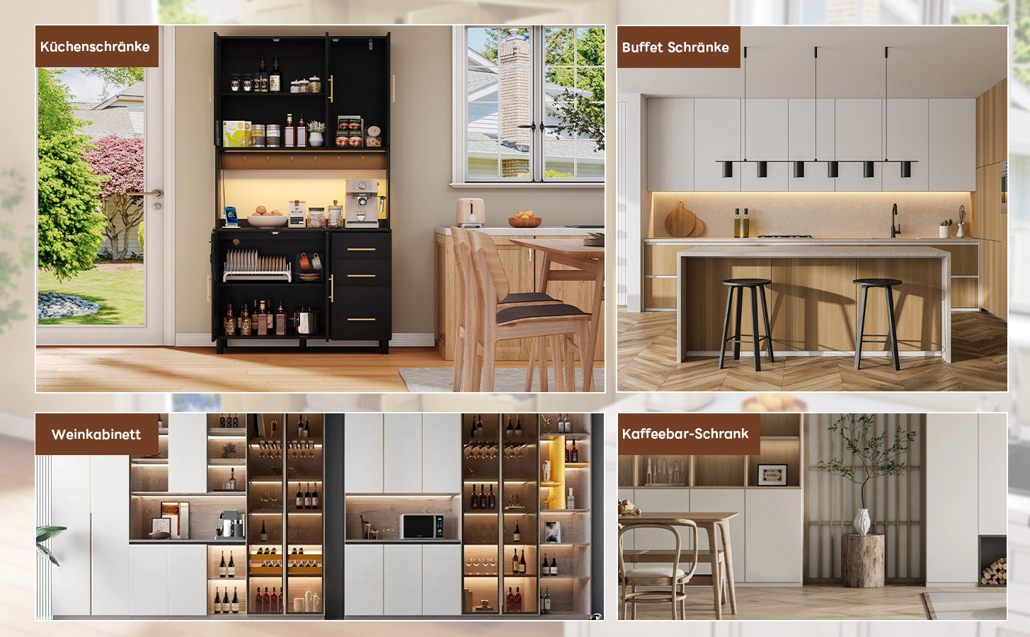 Kitchen Sideboard Buffet 183cm with App LED Lights Power Outlets Shelves & 3 Drawers - Gold Handles