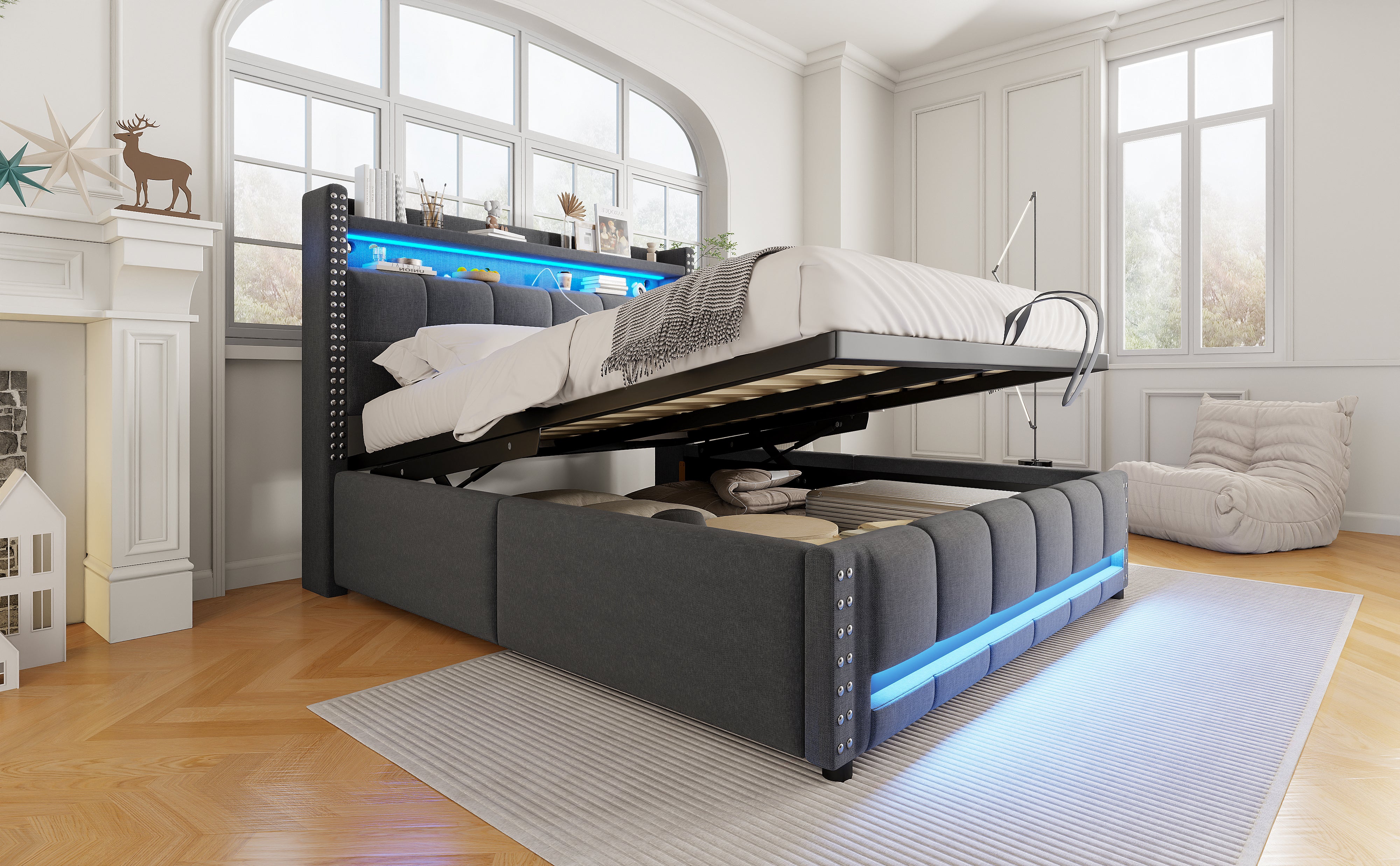 Upholstered Bed 140*200cm, LED & USB, Hydraulic Storage, Linen Fabric Grey