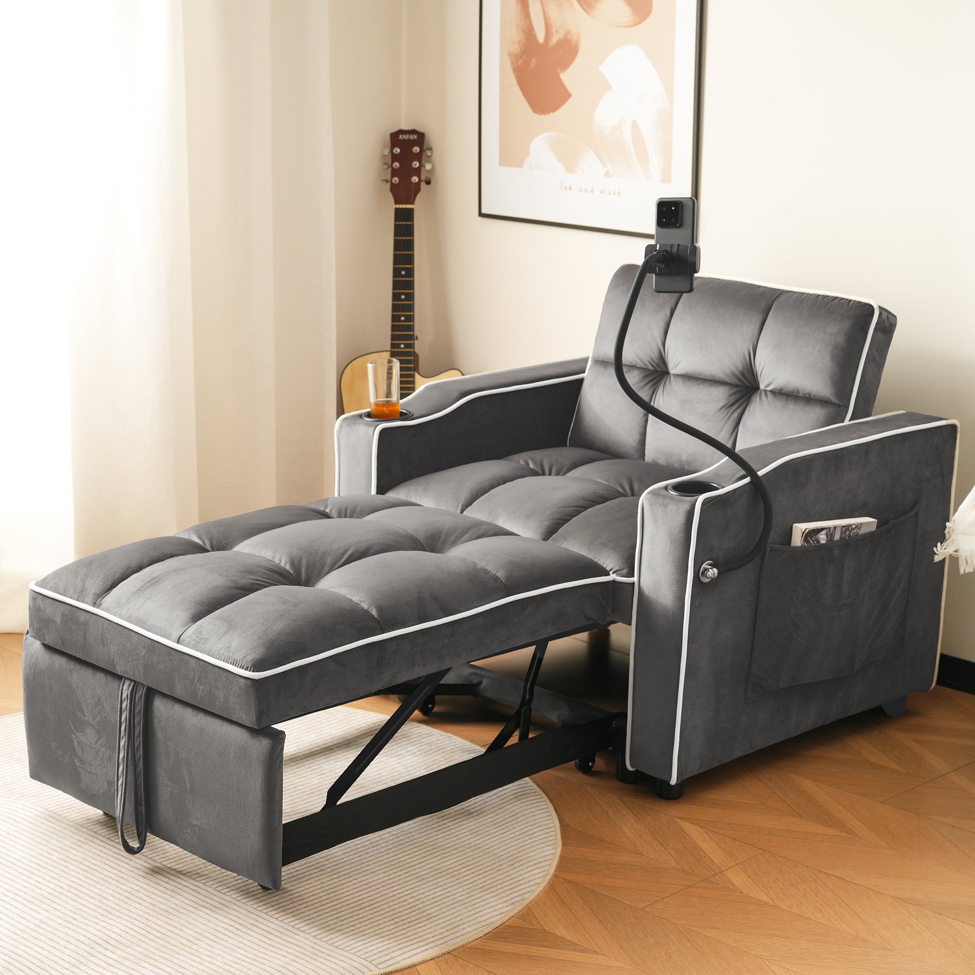 3-in-1 Expandable Single Sofa Bed with Drink Holders, Phone Holder, Sofa Recliner, Sleeper Chair, Armchair, for Small Spaces, Velvet Feel Fabric