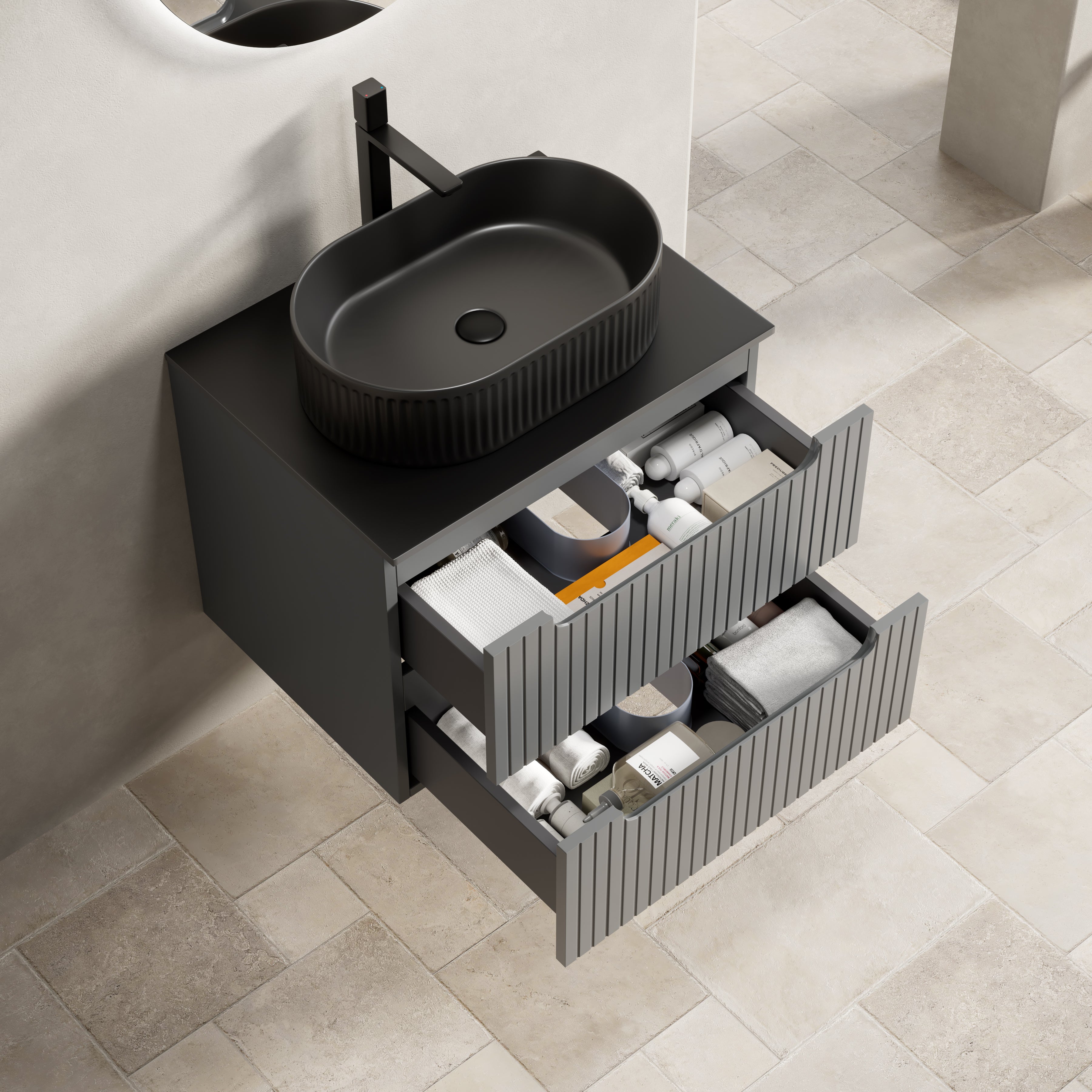 Floating Bathroom Vanity Unit with Oval Sink and Sintered Stone Top, Dark Grey