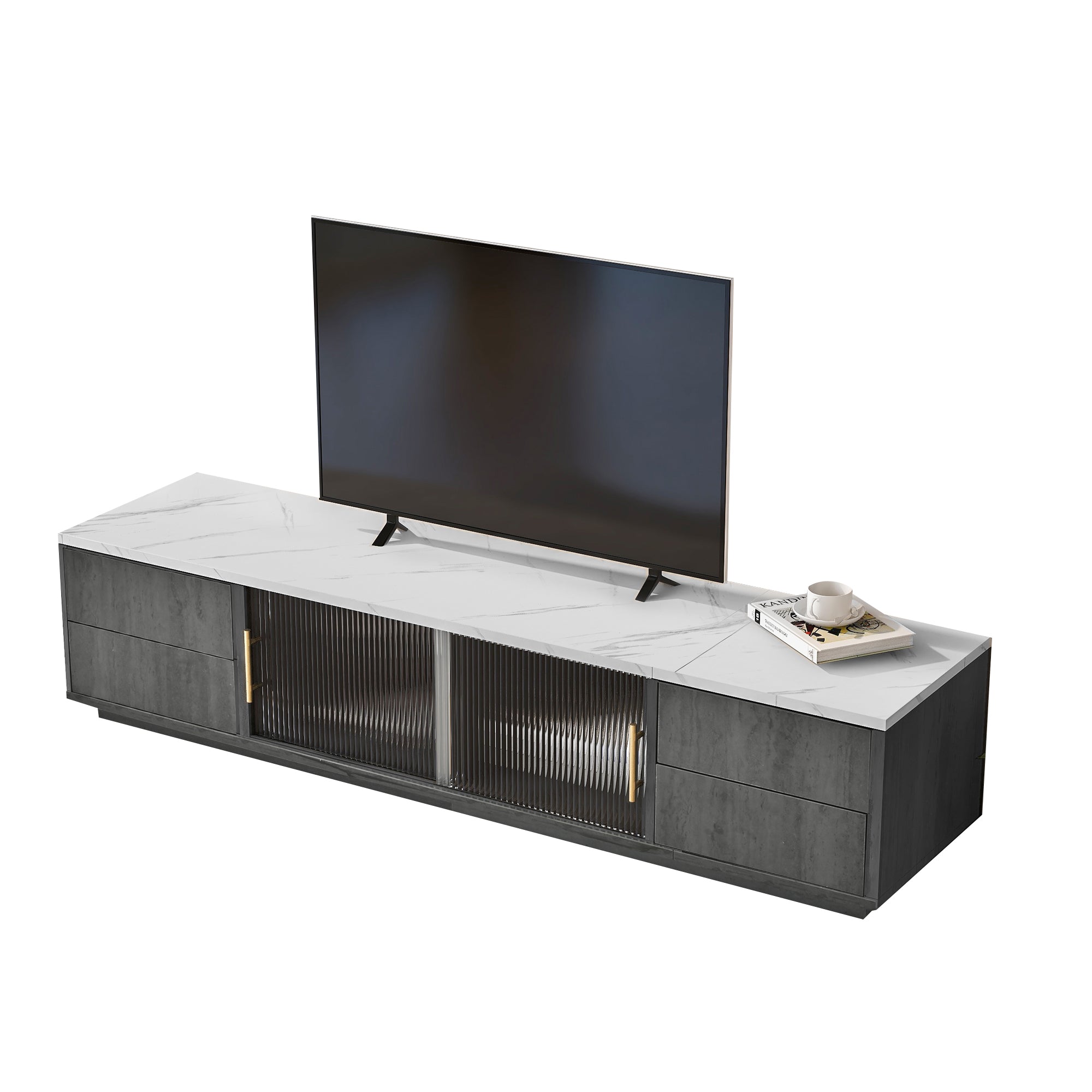 160cm Deluxe TV Stand for 70" TV, Cable Management, Push-to-Open Drawers, Grey Marbled