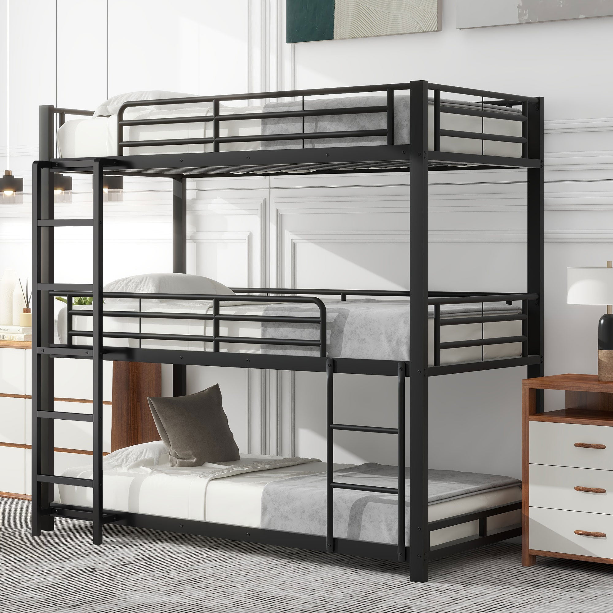 Triple Bunk Bed 90x200cm Metal for Children & Adults, Black