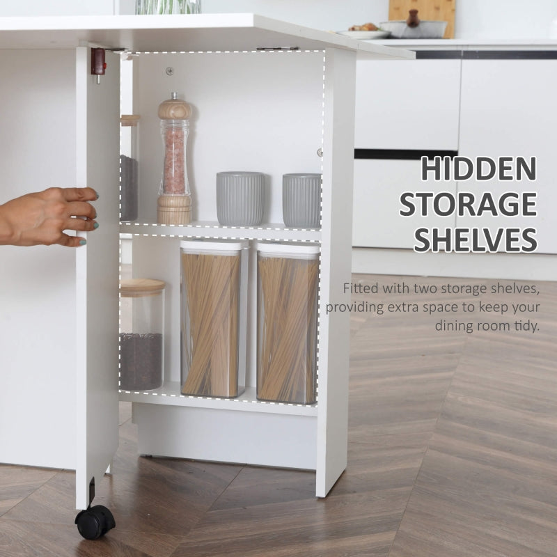 Folding Dining Table, Drop Leaf 2-Tier Shelves Rolling Casters, White