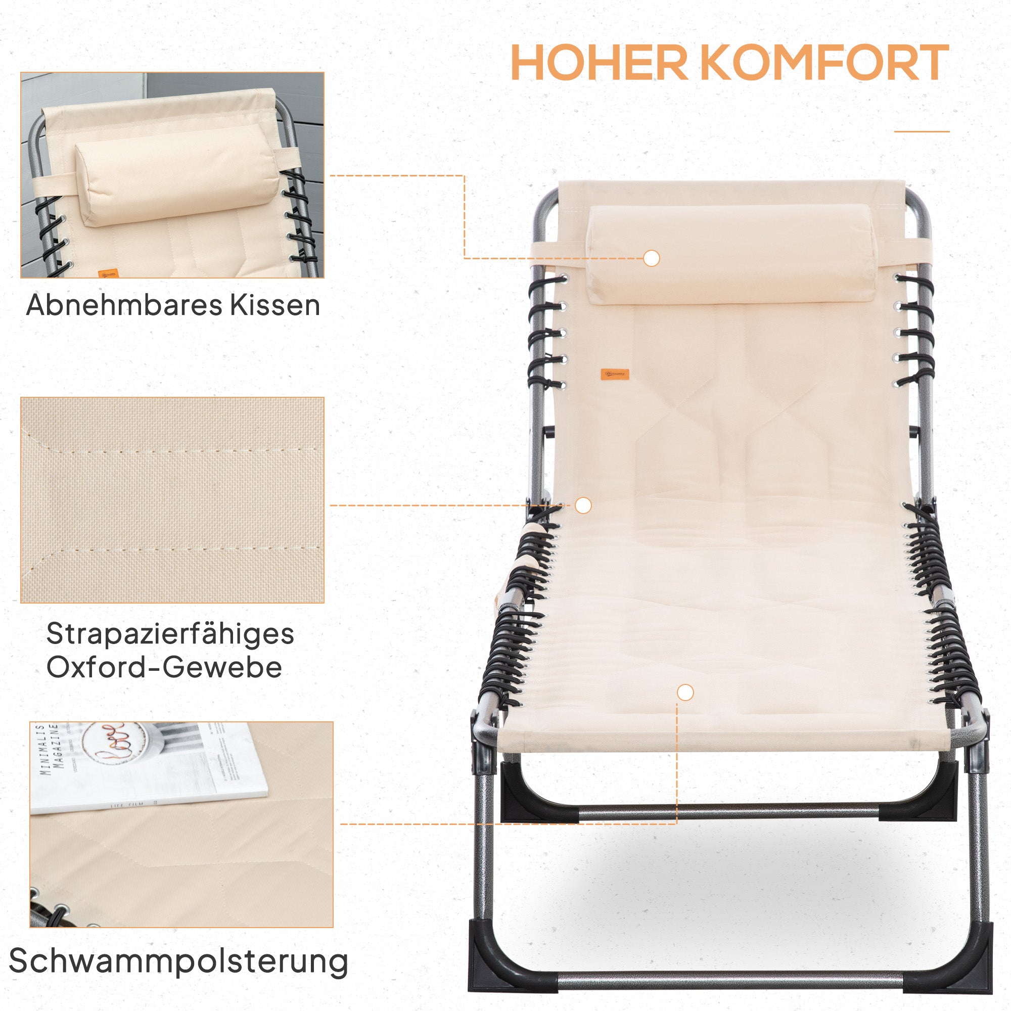 Sun Lounger, Foldable with Pillow, 5-Way Adjustable Backrest, Beige