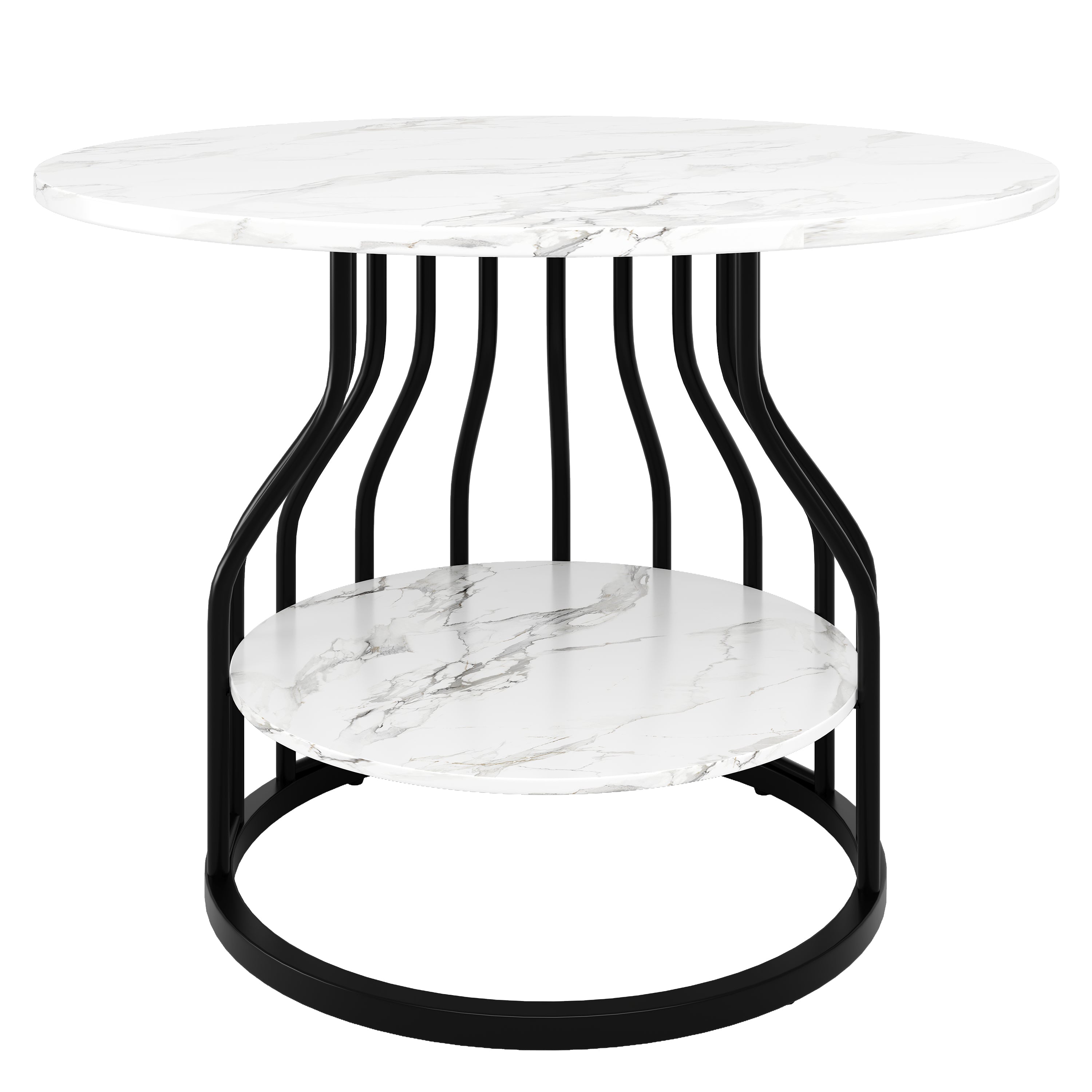 Round Dining Table 80x76cm 4-Seater Storage MDF Marble Top - Black
