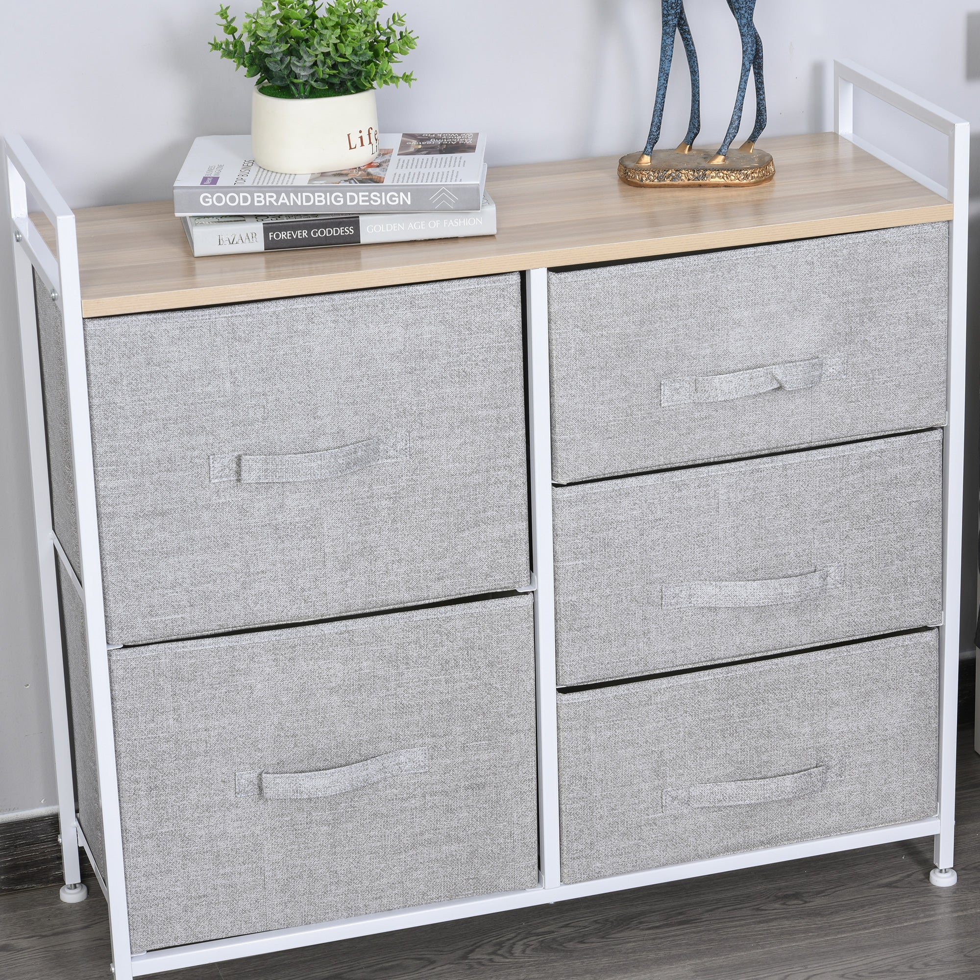 5 Drawer Storage Unit w/ Shelf Handles Metal Frame Adjustable Feet Linen Grey