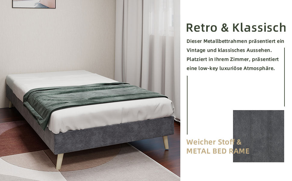 Modern Minimalist Bed Frame, Low-Profile Base 90x200 cm, Grey Dutch Velvet Fabric