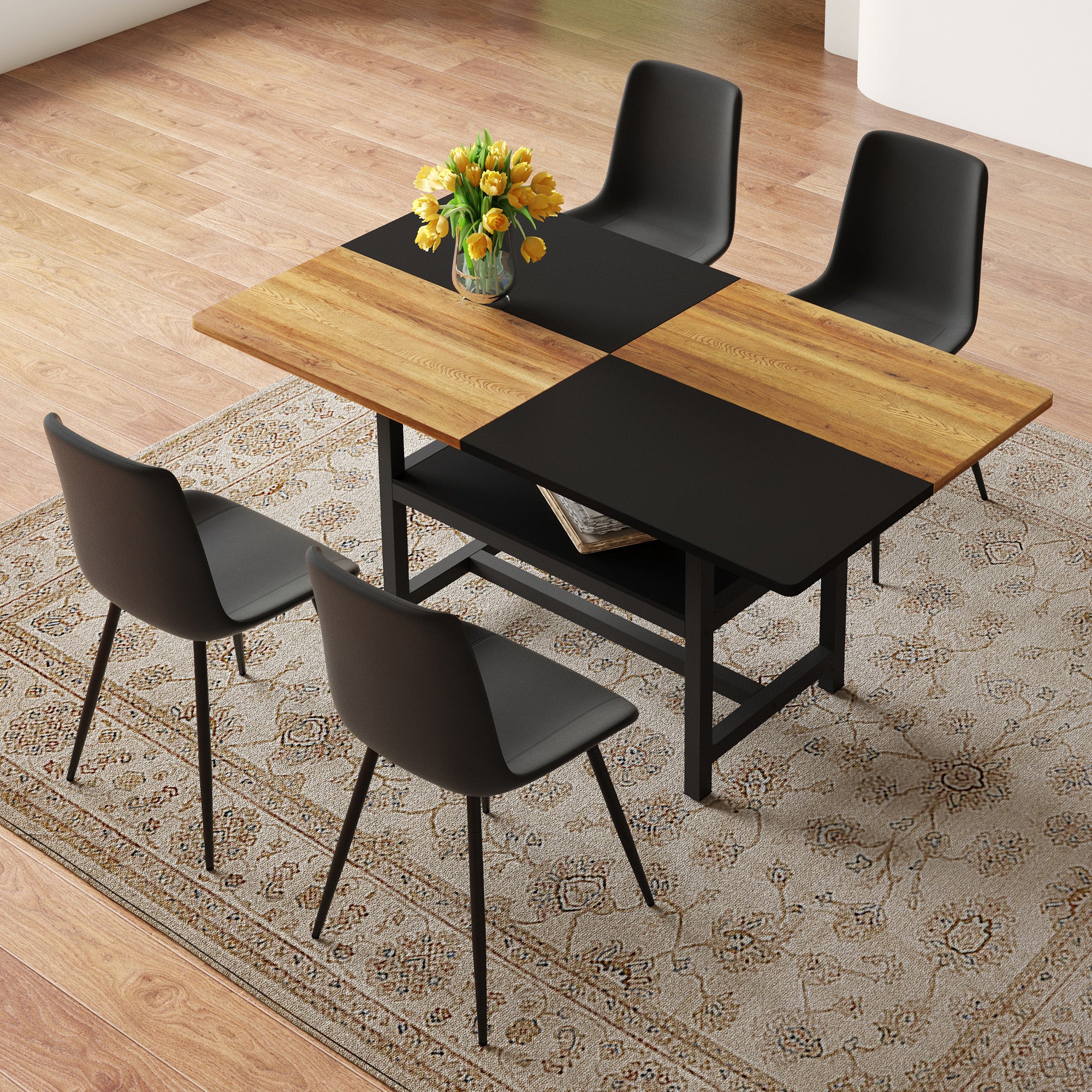 160 cm Dining Table Set with Storage Compartment and 4 Widened Seat Chairs, Black PU