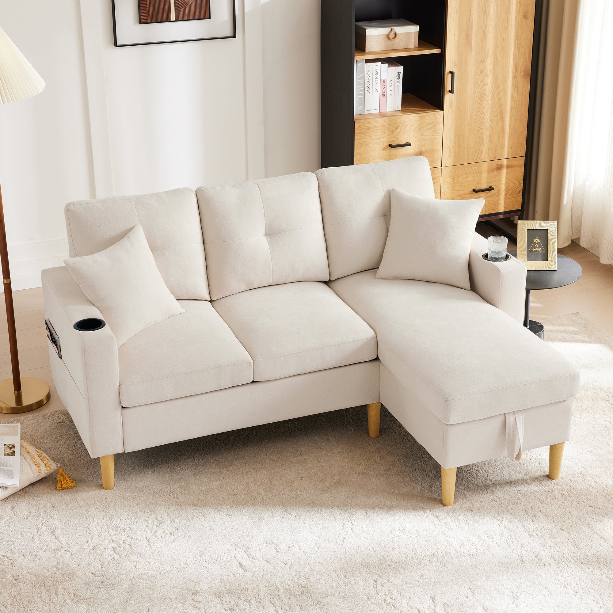 L-shaped modern sofa, 3-seater with chaise longue, storage, cup holder, 2 pillows