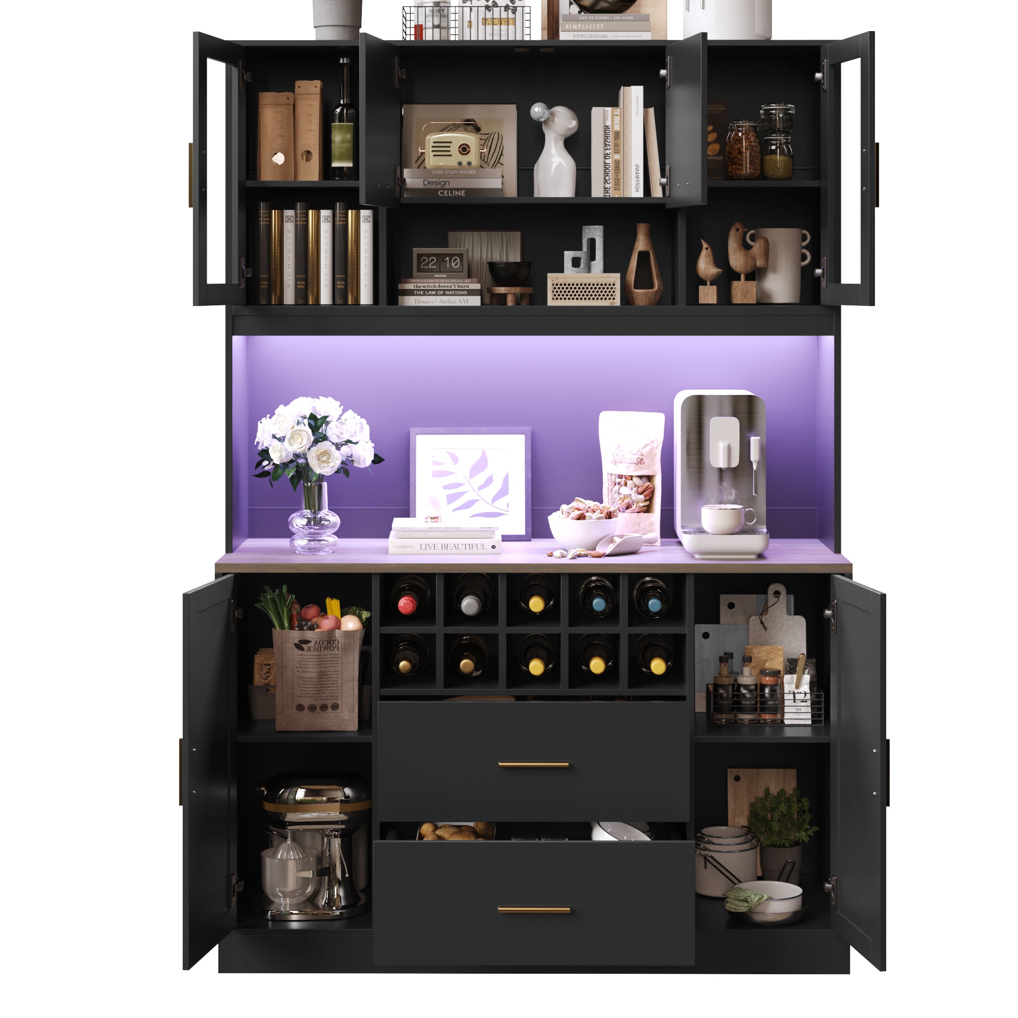 Sideboard with LED Lighting and Power Socket, 6 Doors and 2 Drawers, Black and Gold