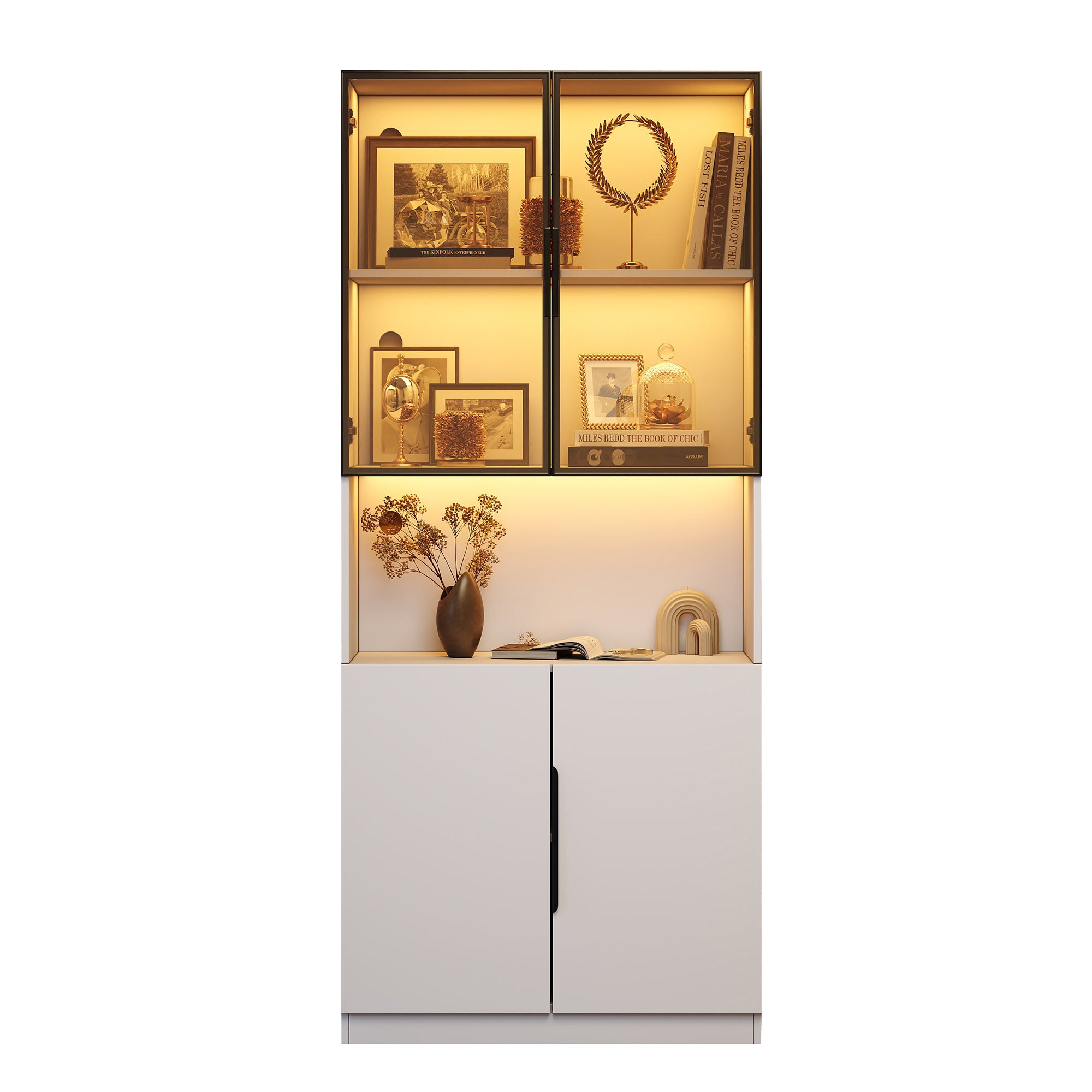 Display Cabinet, Glass Doors LED Lights Bookshelf, White
