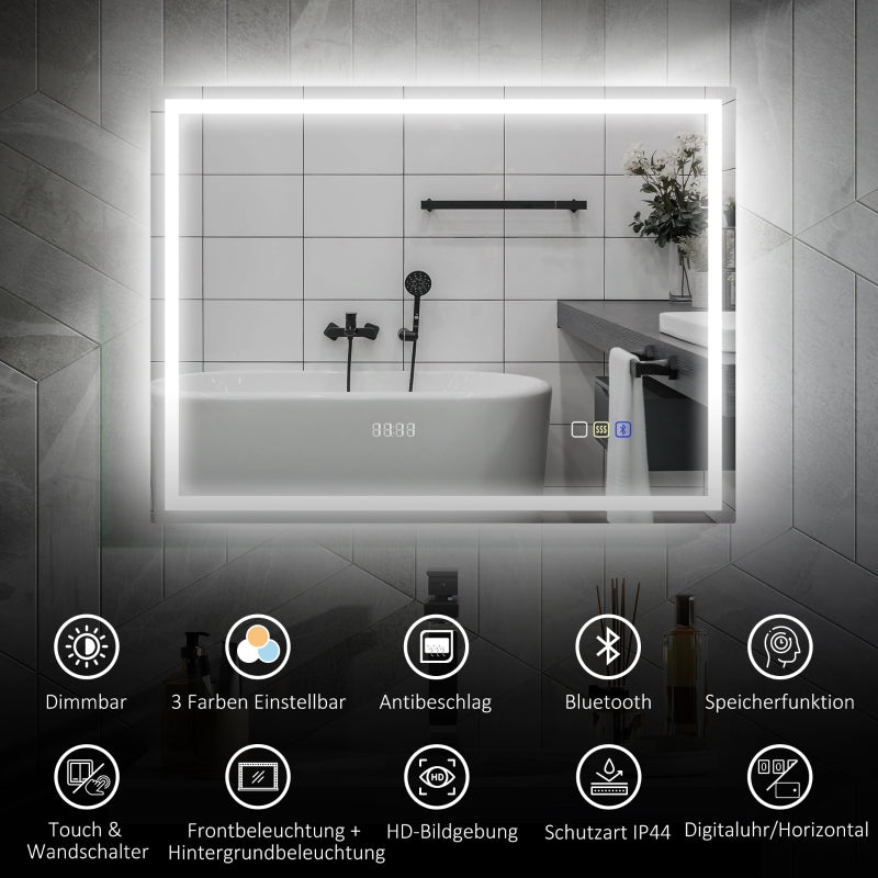 Bathroom Mirror LED Bluetooth Anti-Fog Touch Switch, 80x60cm, Silver
