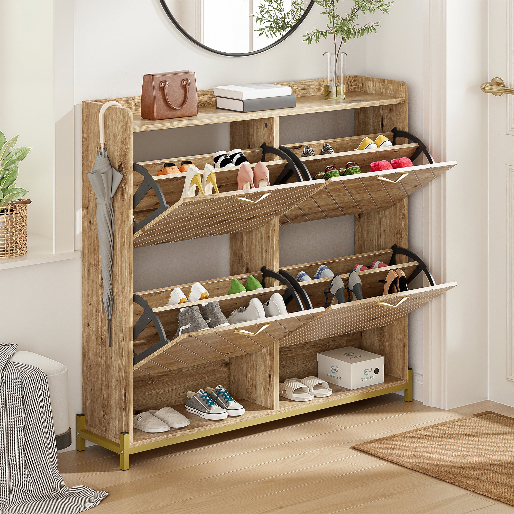 Modern Shoe Rack 4-Door Space-Saving Cabinet Wood Look