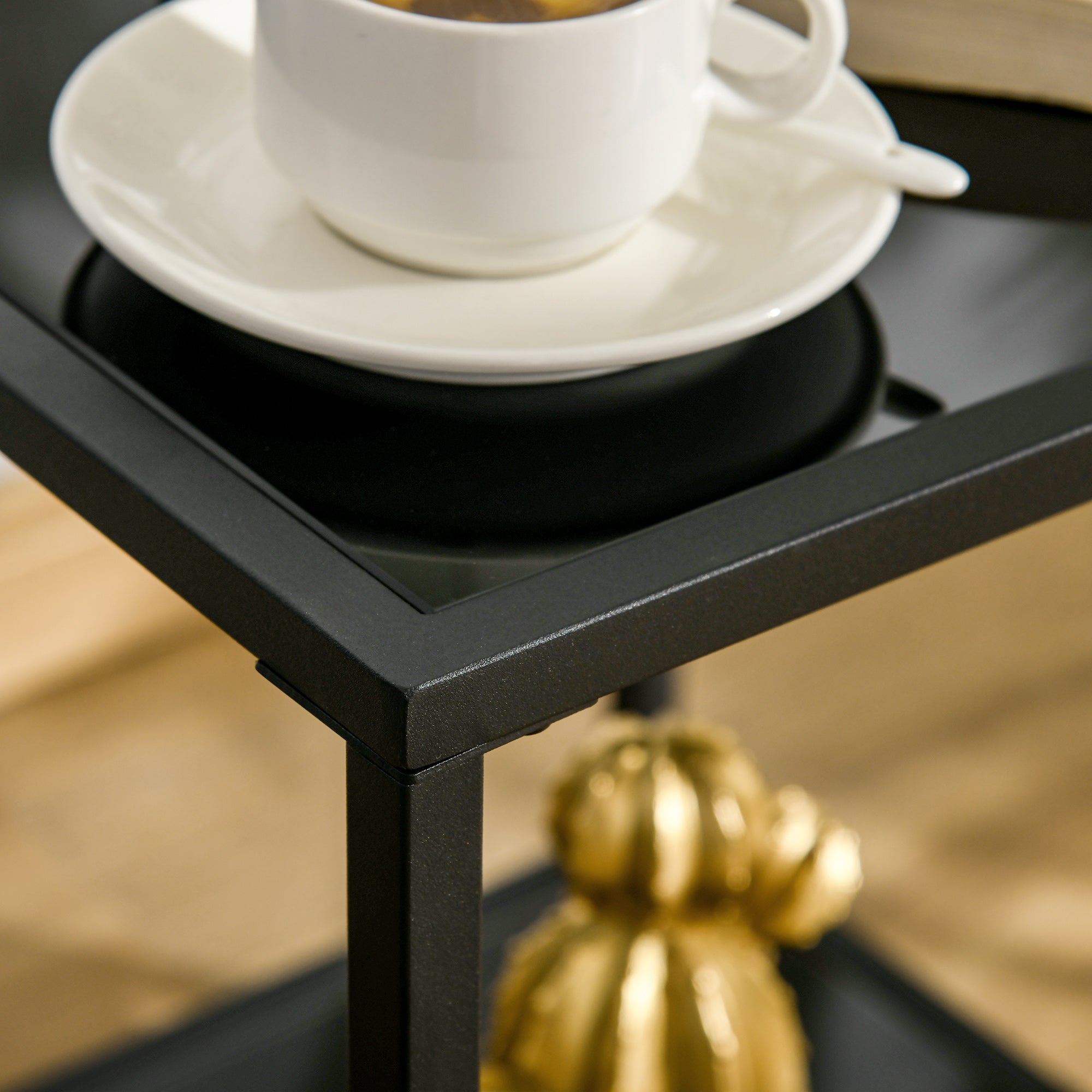 Side Table, 2-Tier Coffee Table, 40 x 40 x 50 cm, Tempered Glass Steel, Black