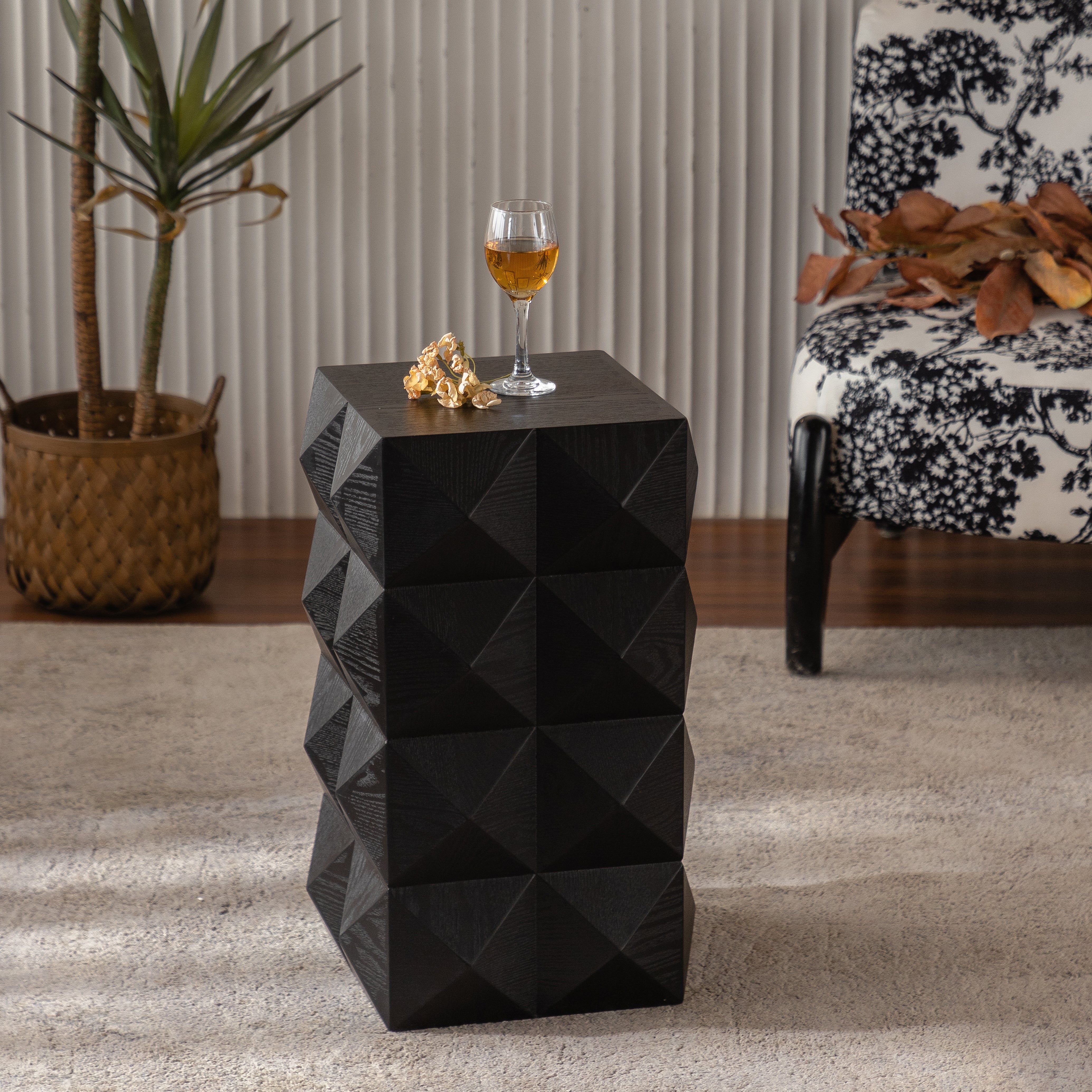 Retro Side Table - 60CM Height, Embossed Pattern, Wooden, Black