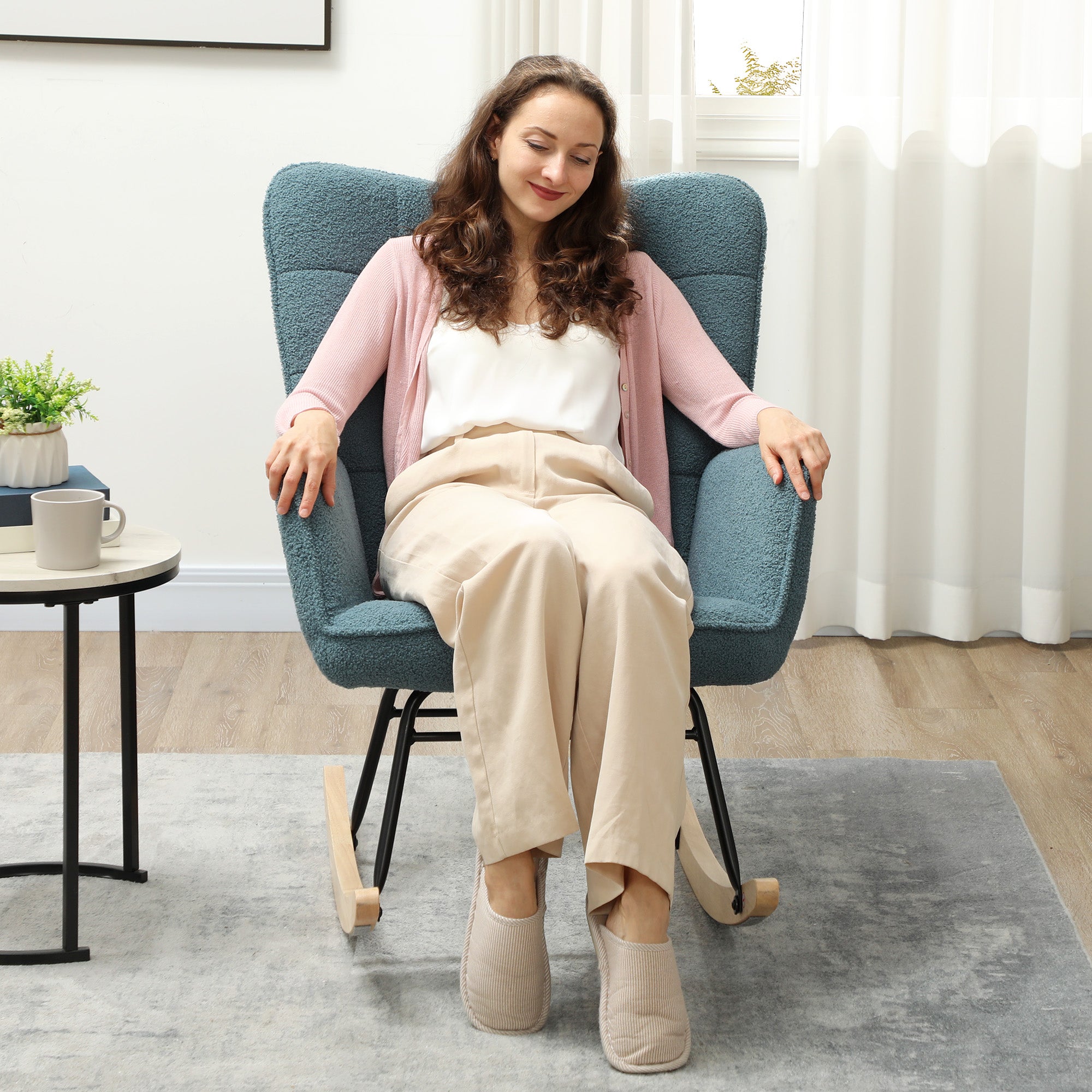 Rocking Chair Upholstered Armrest Wooden Runners 120kg Light Blue Berber Fleece