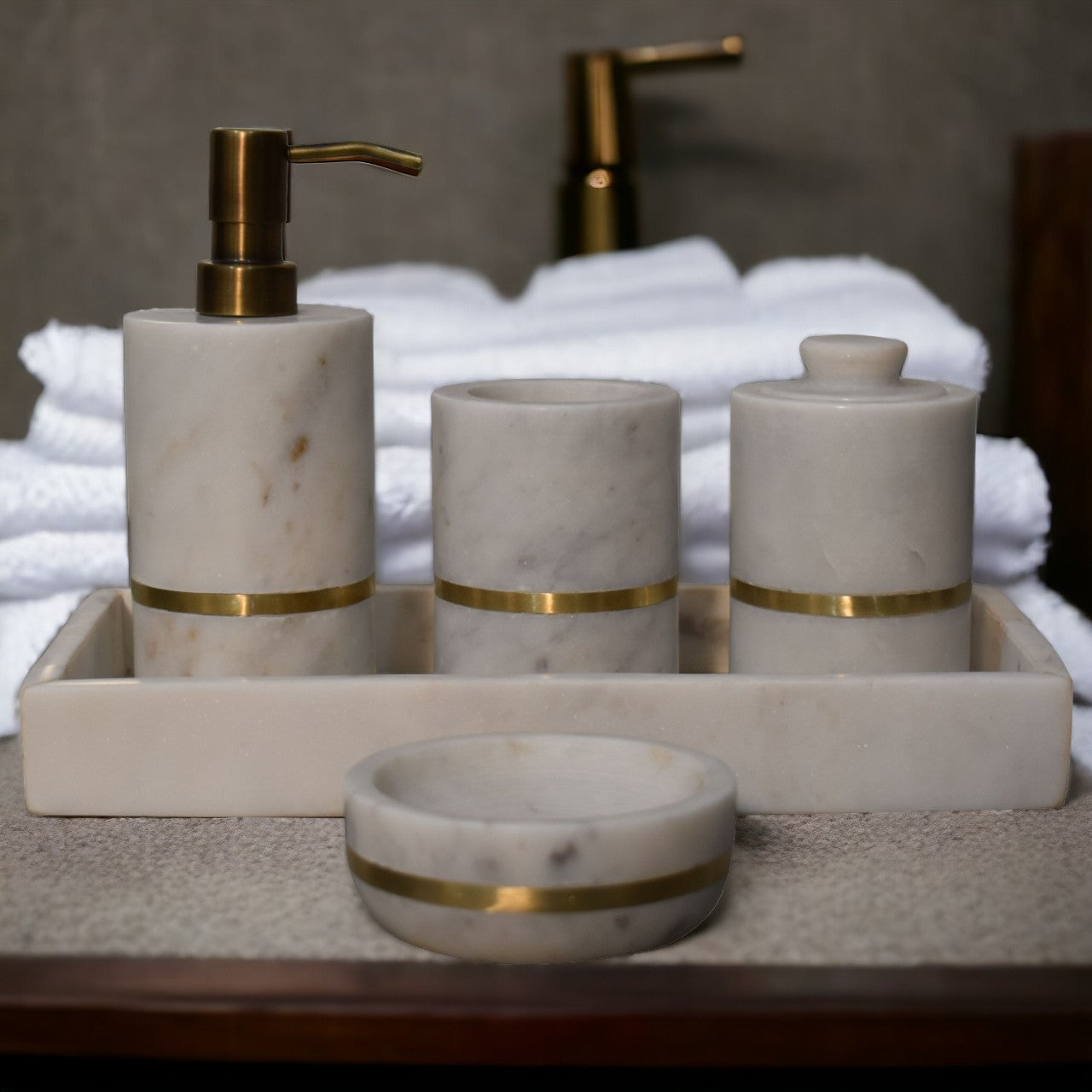 Bathroom Accessories Set of 5 Brass Inlay White Marble