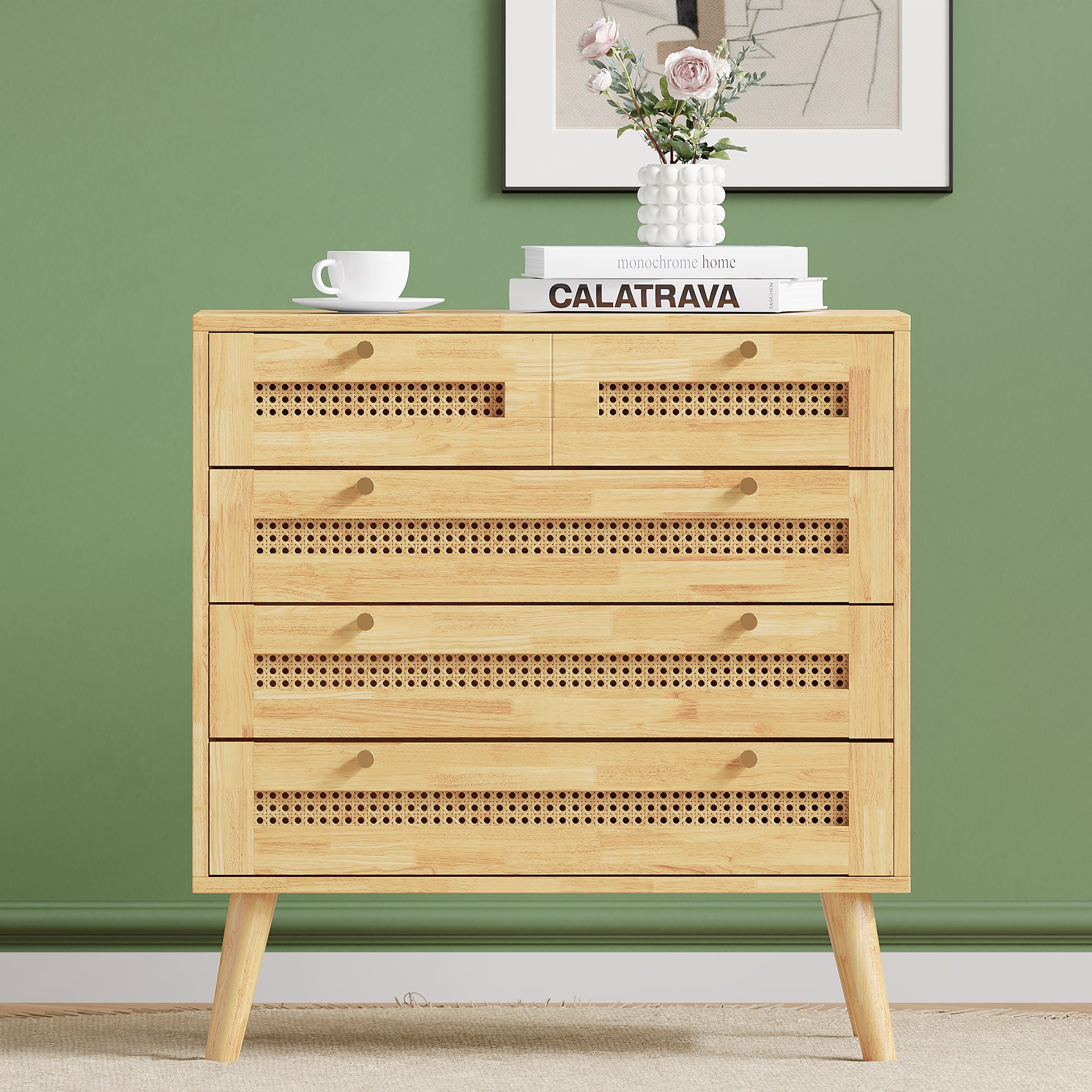 Classic chest of drawers with 3 drawers, rattan drawer top, gold metal handle, wooden legs, chipboard
