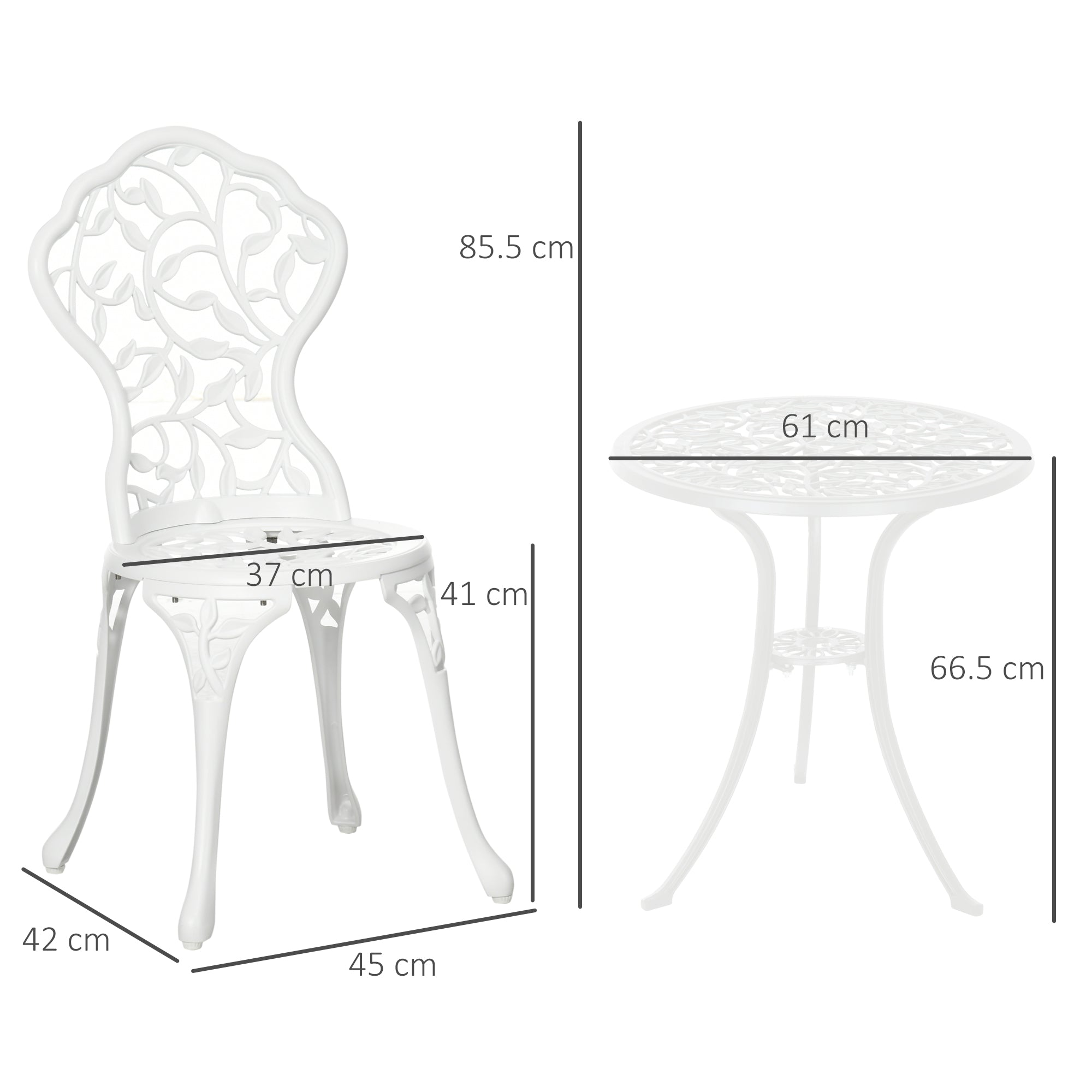 3 Pcs Bistro Set, Garden Dining Table Chairs Antique Outdoor Seat, Aluminium White