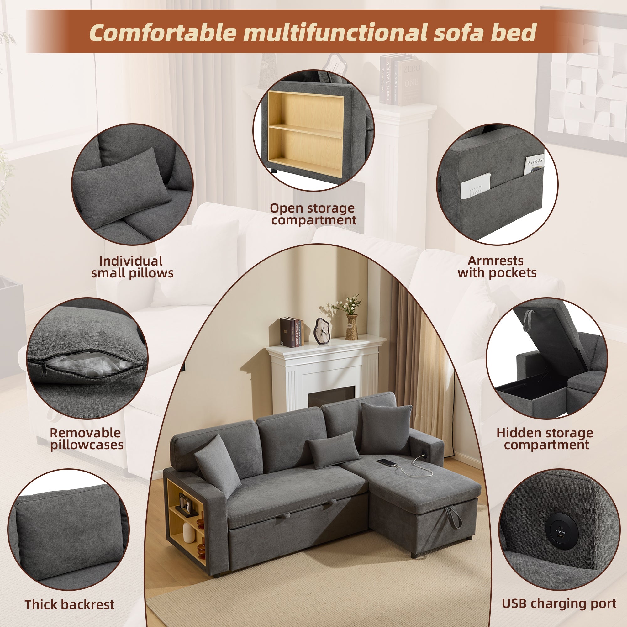 Multifunctional sofa bed with various features highlighted