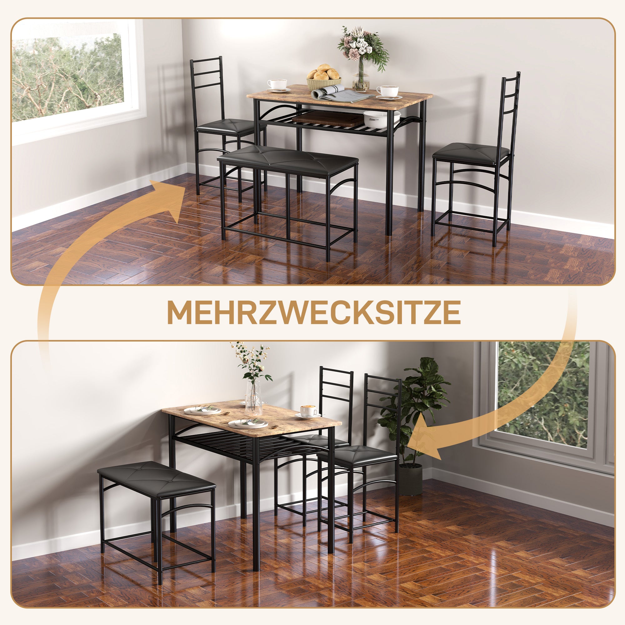 Dining Set 4-Piece Space-Saving Table 2 Chairs Bench, Brown