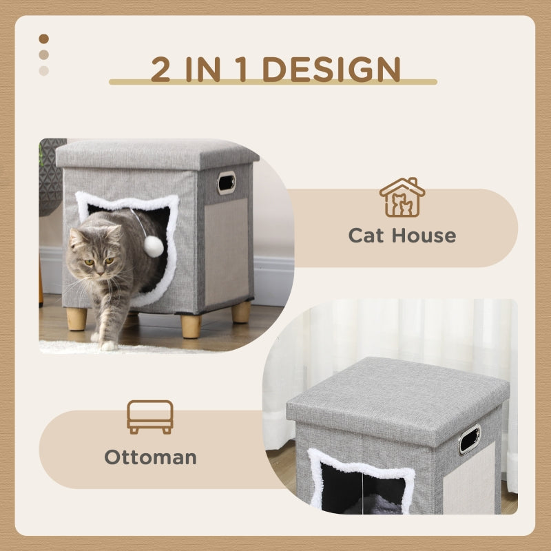 Cat House Cave Bed, Cube with Scratching Pad & Washable Cushion, Grey