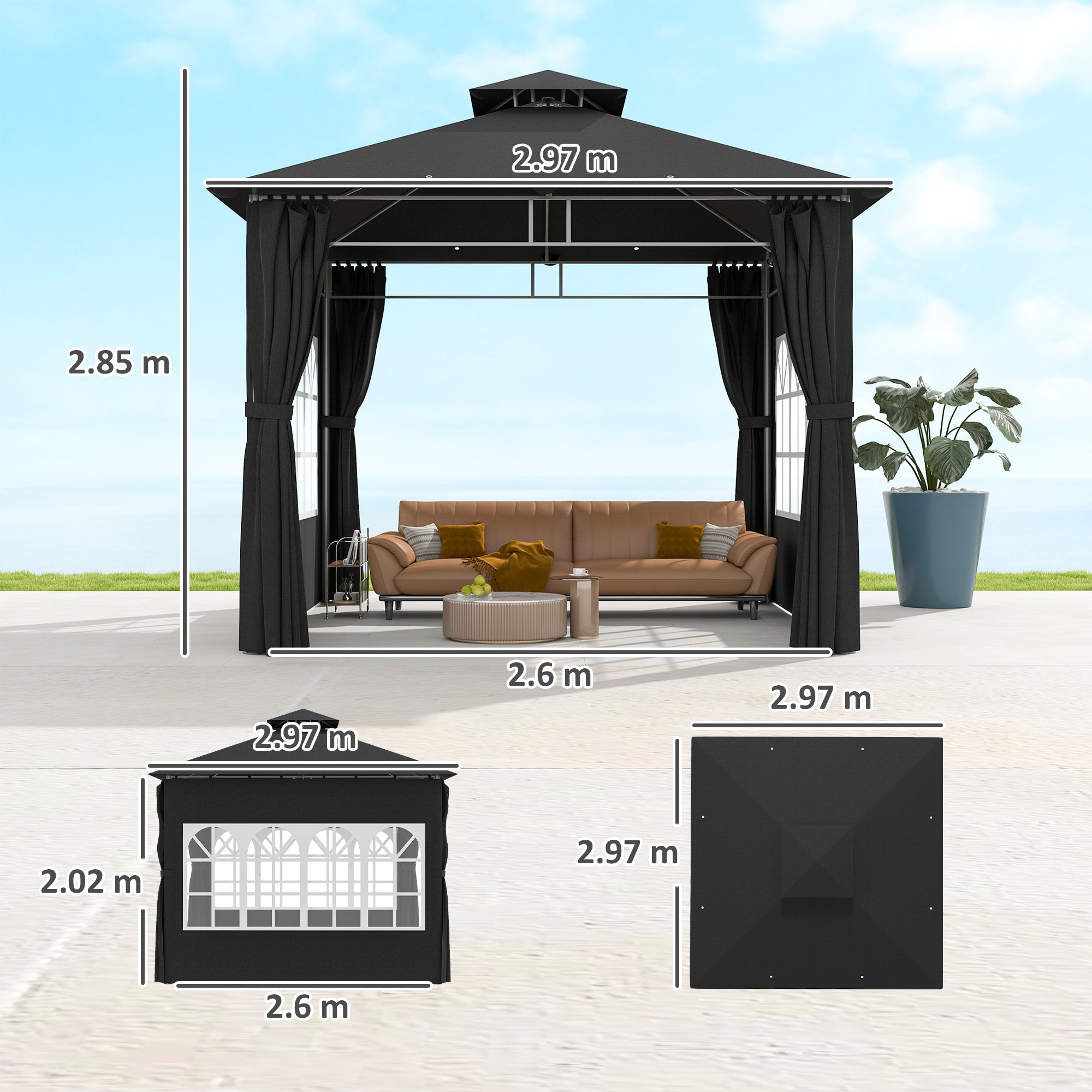 3 x 3 m Garden Gazebo, Double Roof with Removable Sidewalls and Church Windows, Black