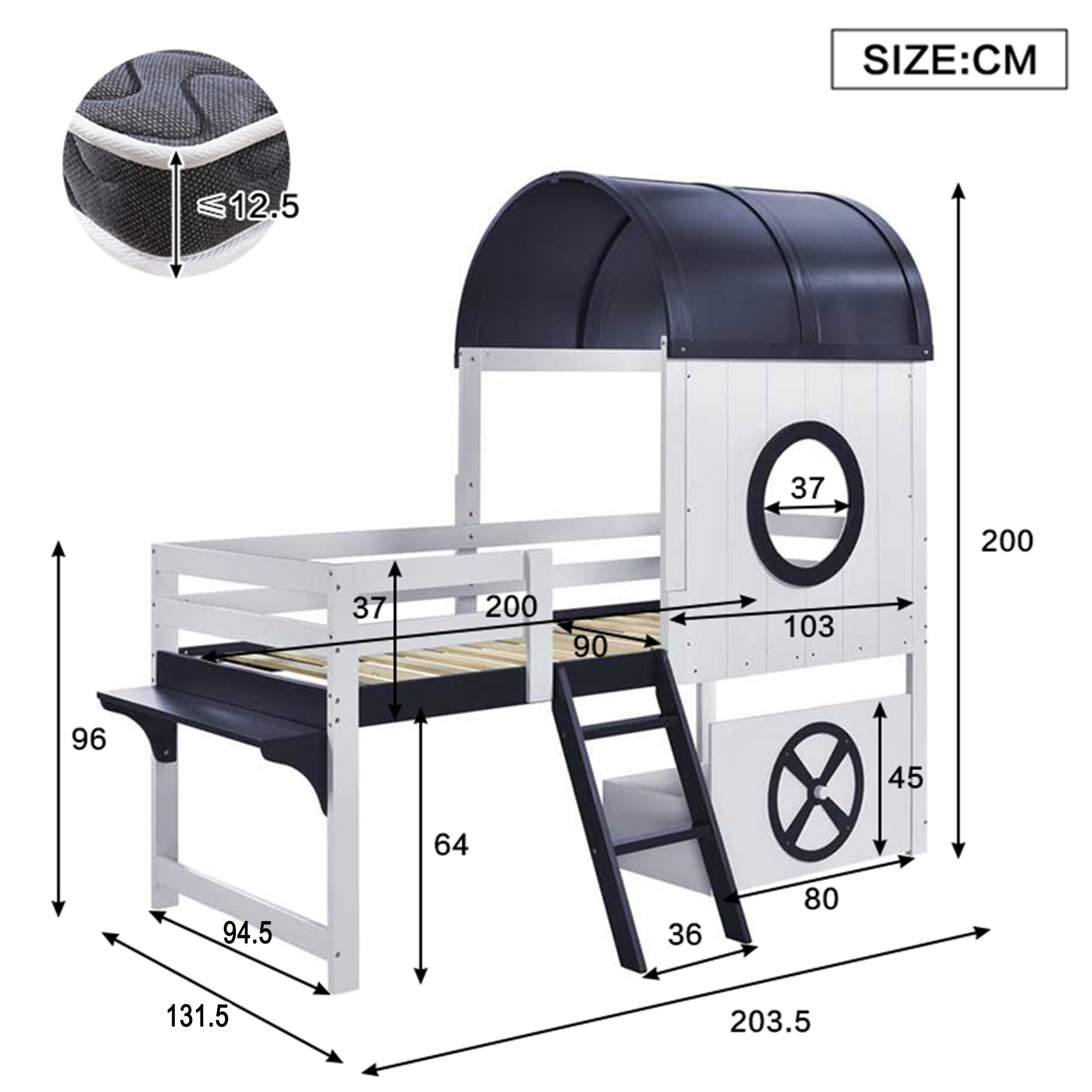 Bunk Bed, Half-Height Kids Bed with Roof, Window, Drawer & Ladder, Pine + MDF + Plywood, White + Dark Blue, 90x200cm