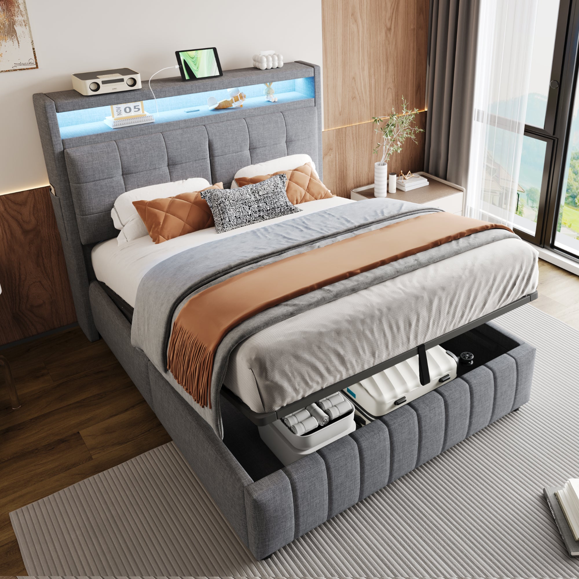 Upholstered Bed 140x200cm, LED & USB, Hydraulic Storage, Linen Fabric Gray