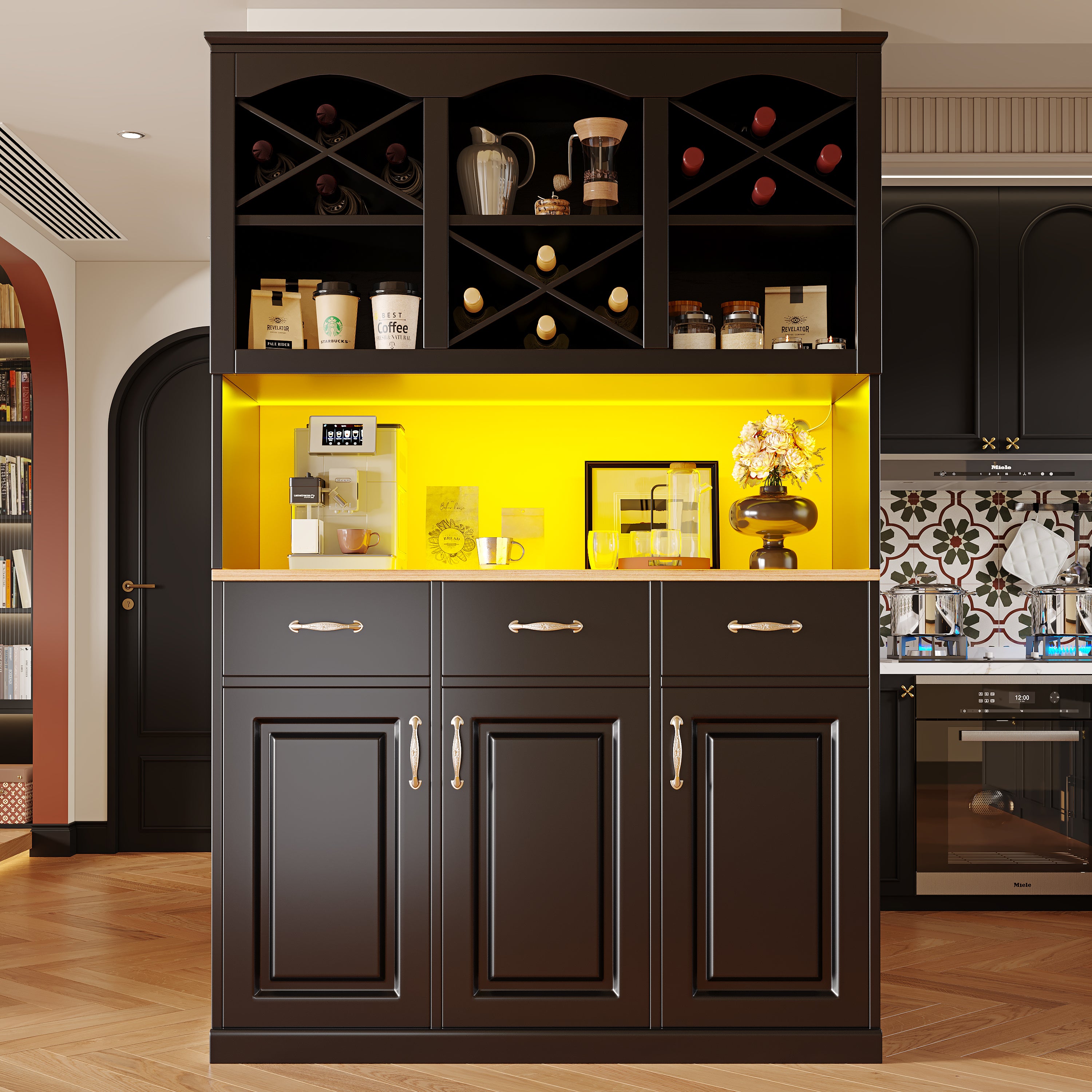 Kitchen Cabinet Tall Buffet 120cm 3 Doors 3 Drawers LED Black