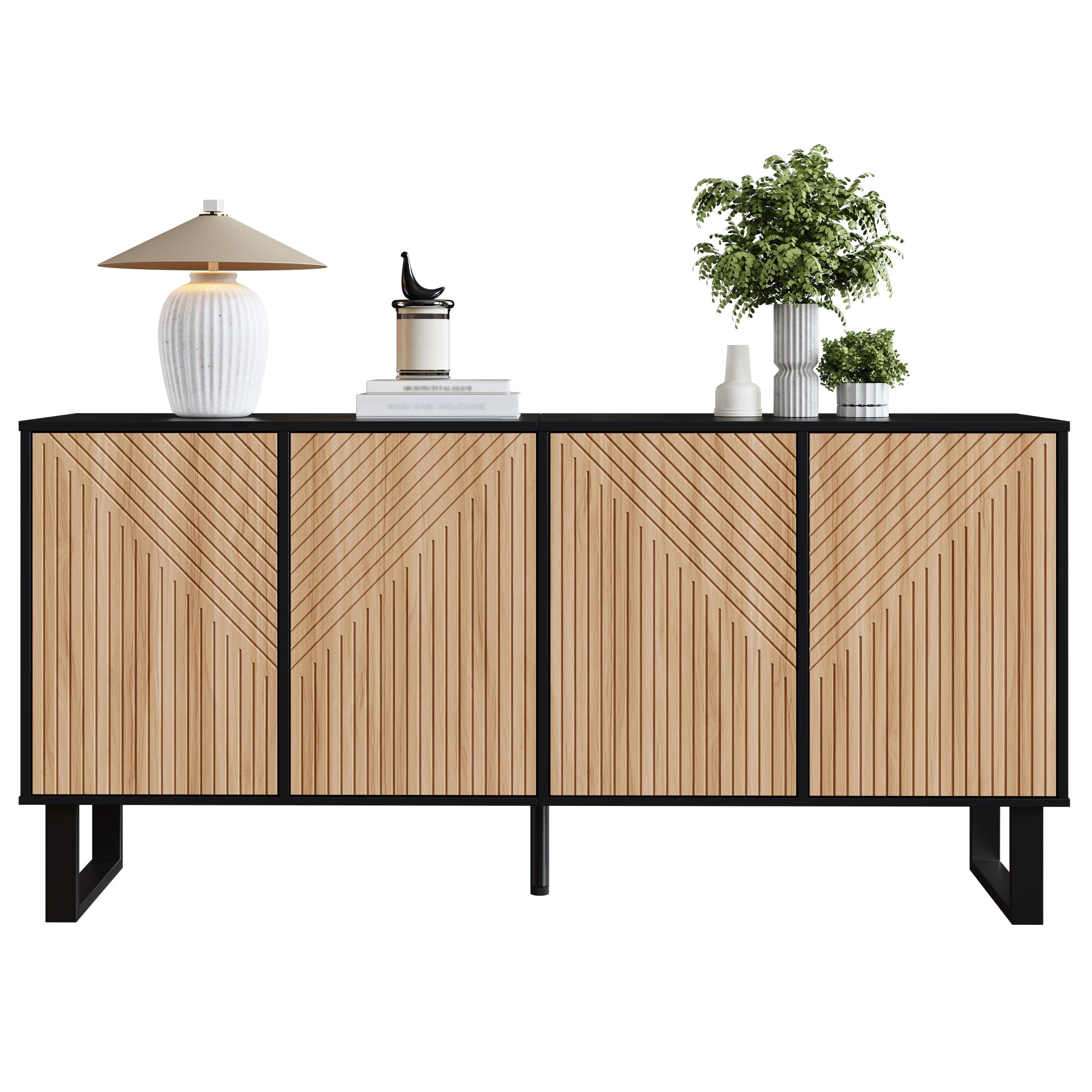 Sideboard, Minimalist with 3D Striped Front and Extra Large Storage, Black Wood Grain