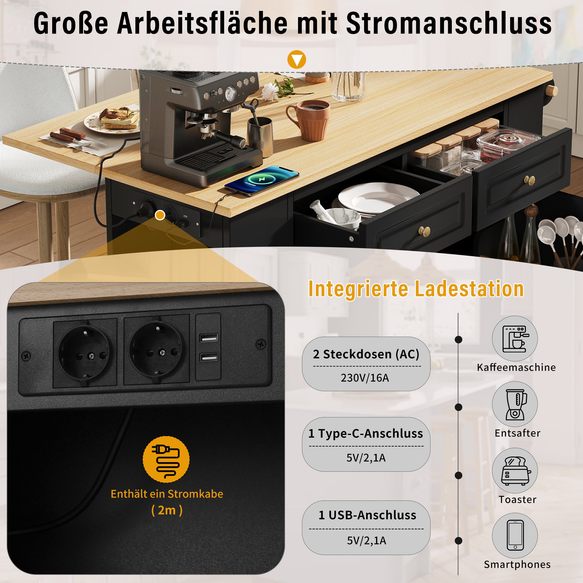 Kitchen Island Mobile Serving Cart Extendable Table Wheels Waste Bin Power Strips Black