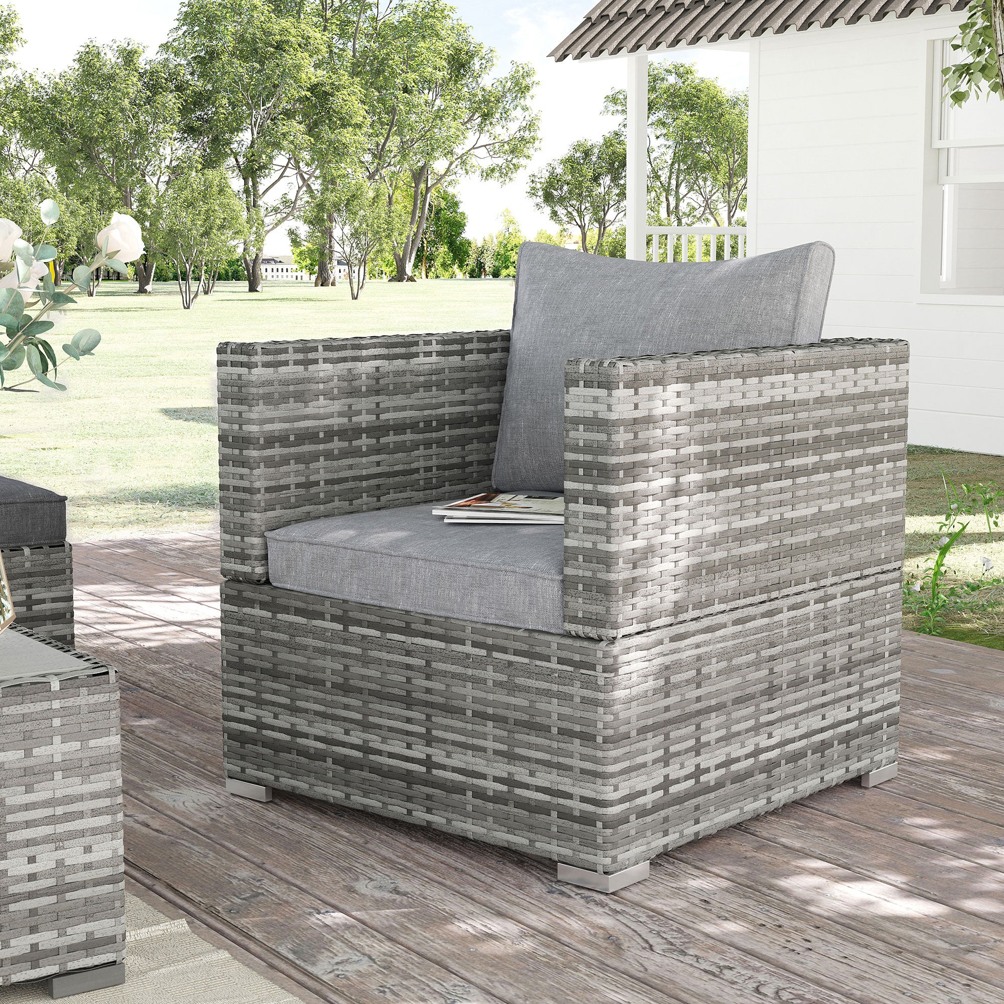Single Seater Rattan Chair Sofa, Padded Cushions PE Wicker Armchair, Grey
