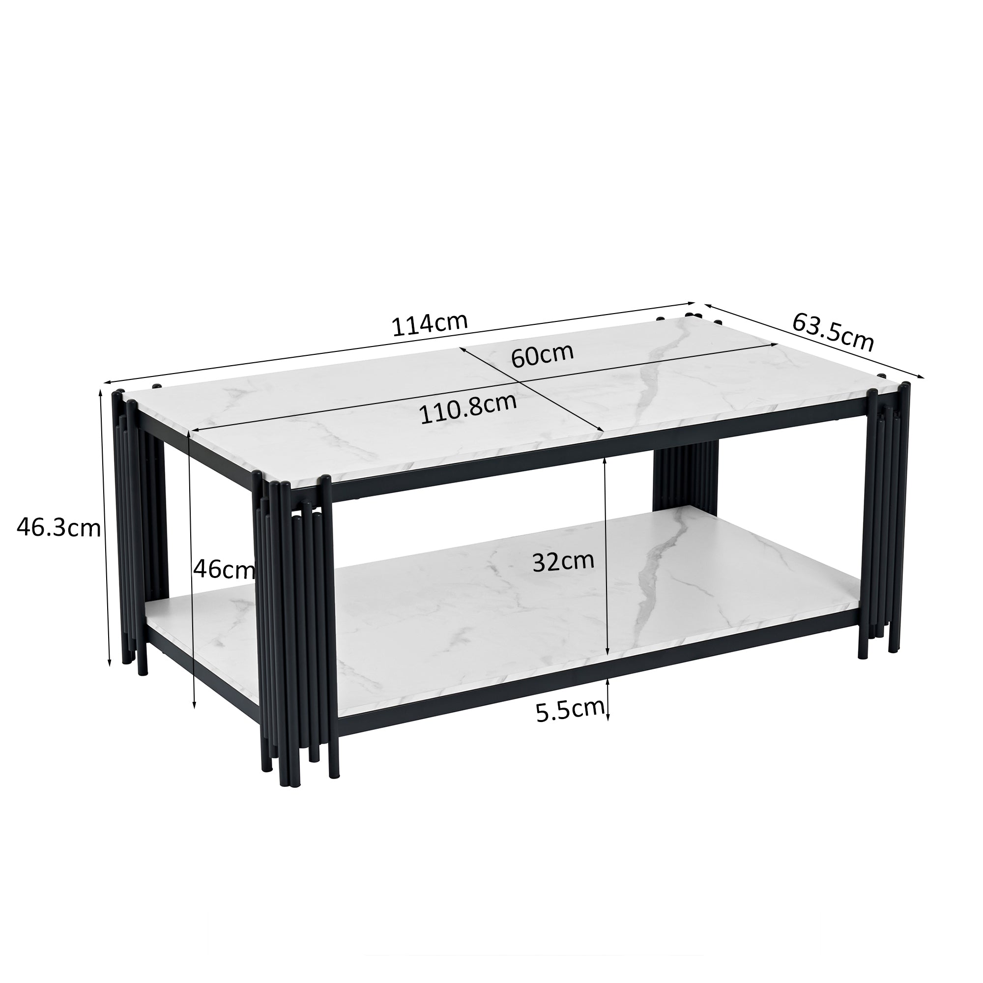 Rectangular Coffee Table Modern Marble-Effect Top Metal Legs White and Black