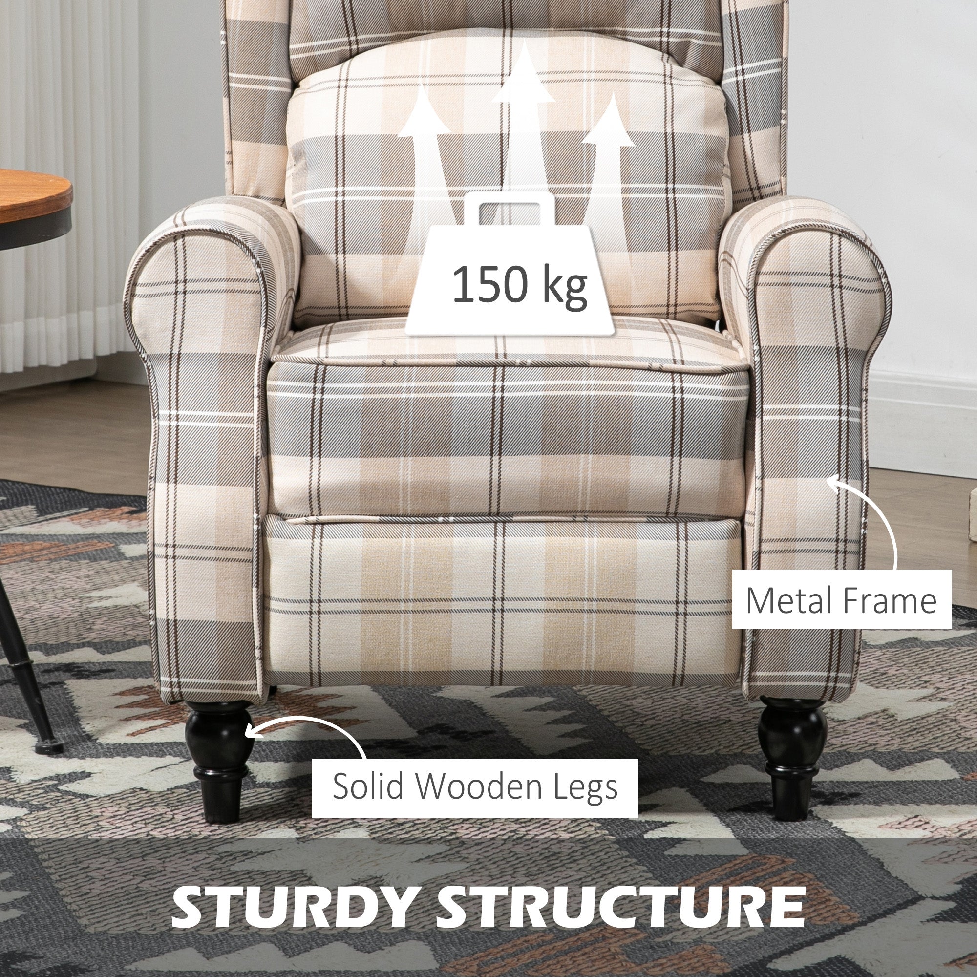 Wingback Recliner Armchair with Footrest, Rubber Wood Legs, Khaki