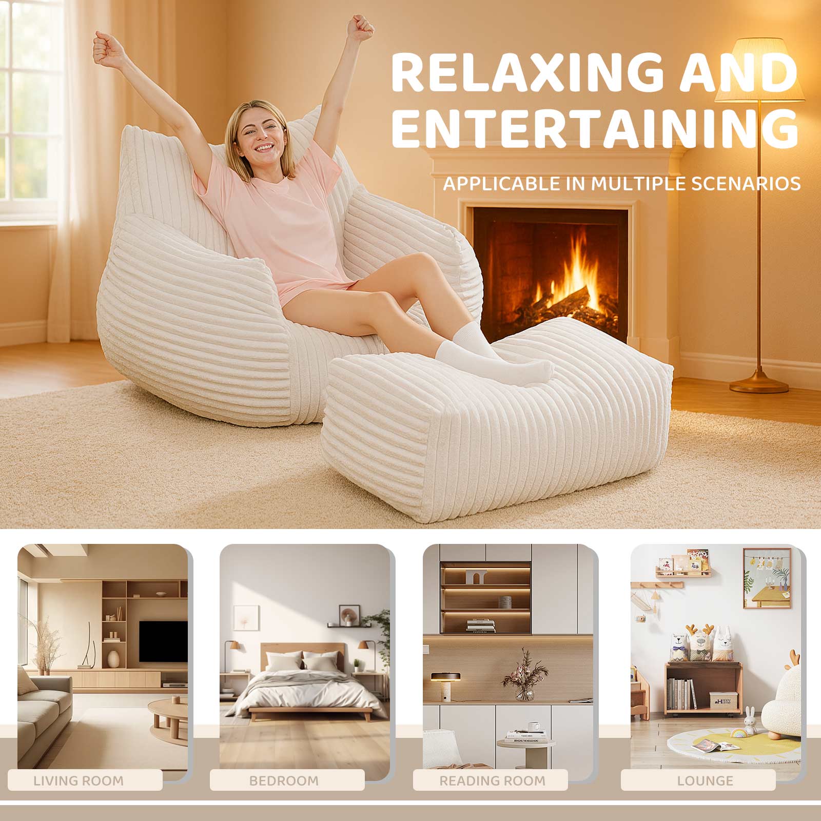 Bean Bag Chair with Footrest, High-Density Shredded Foam Lazy Sofa, Corduroy