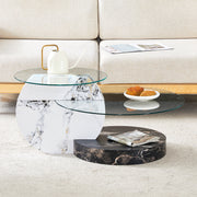 Coffee Table Modern Minimalist Two-Tiered Safety Glass Black and White Marble Effect