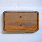 Solid Wood Bedside, Floating Curved with 2 Drawers, Dark Brown