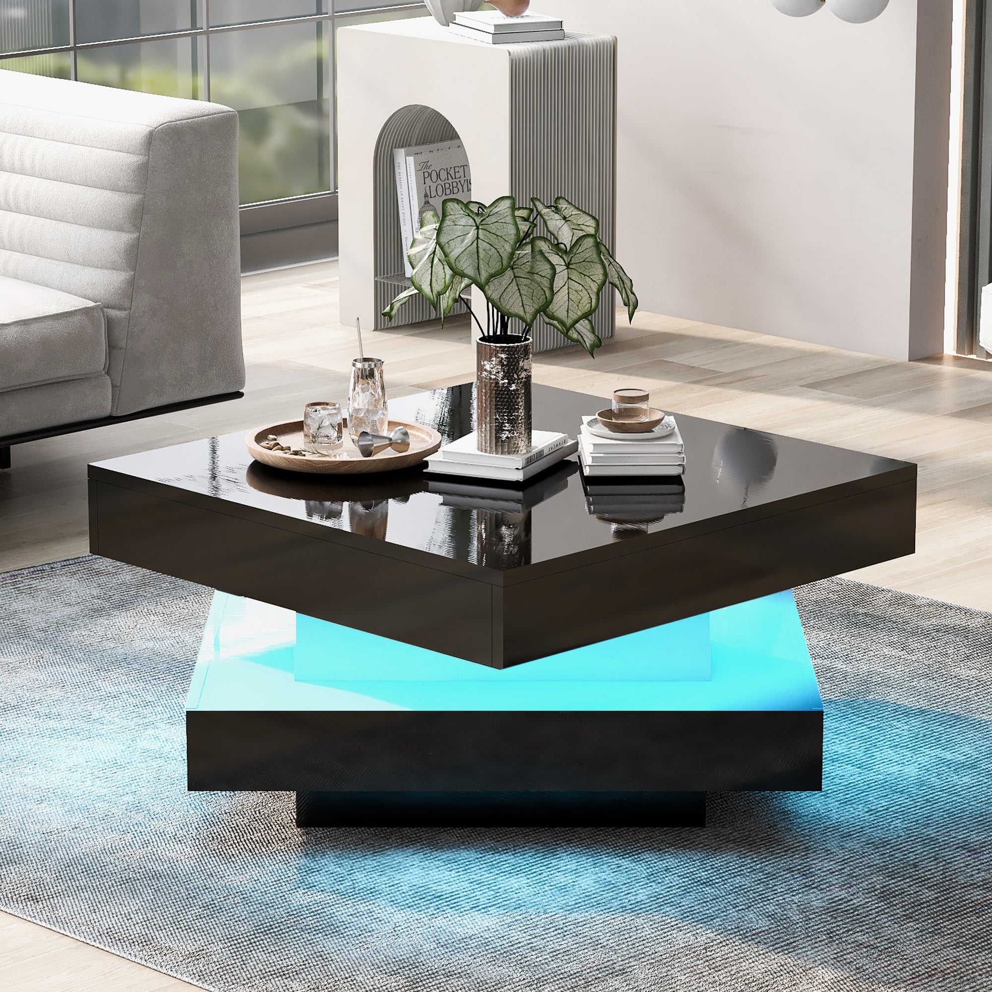 Black Square High Gloss Coffee Table with 360° Rotating Top, Tea Table with 16-Color LED light, 70x70x36 cm